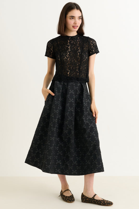 Belita Bow Jacquard Black Midi Skirt