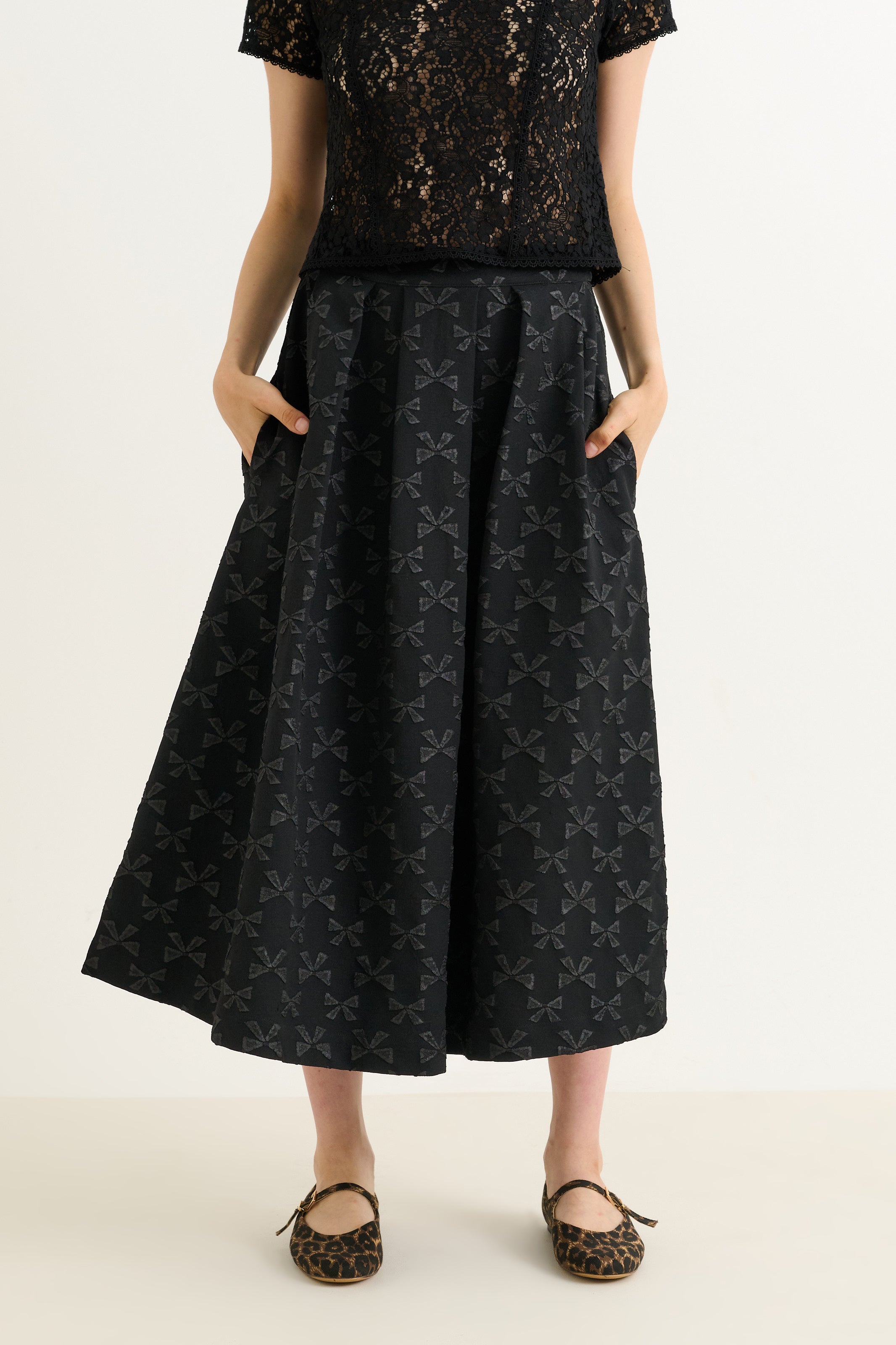 Belita Bow Jacquard Black Midi Skirt
