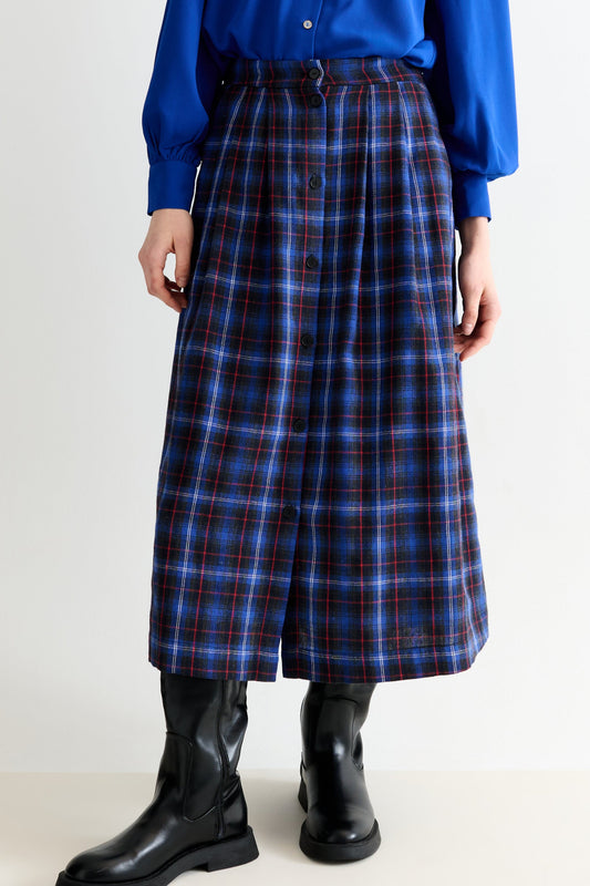 Bia Winter Check Button Through Midaxi Skirt- Blue