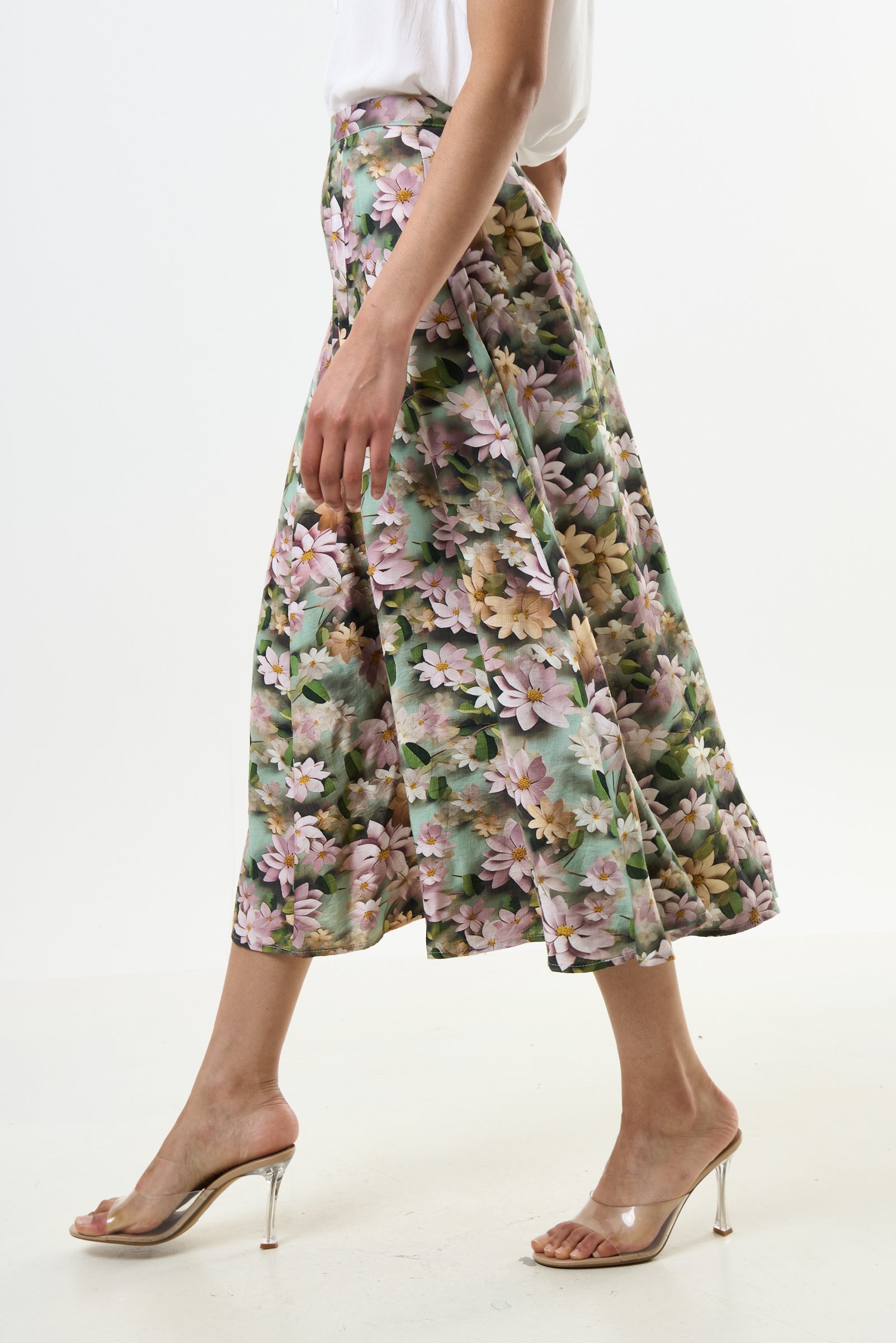 Brisa 3D Daisy Print Midi Skirt - Green