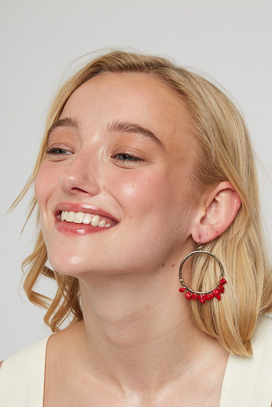 Bernie Hoop With Natural Red Stones - Gold