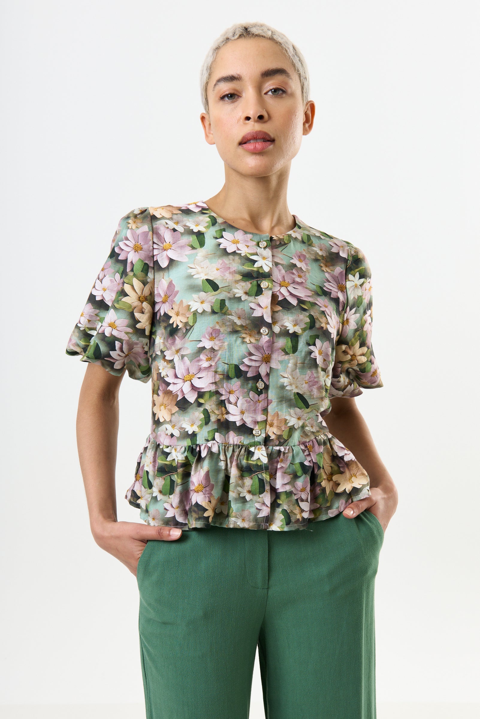 Camile 3D Daisy Print Peplum Blouse - Green