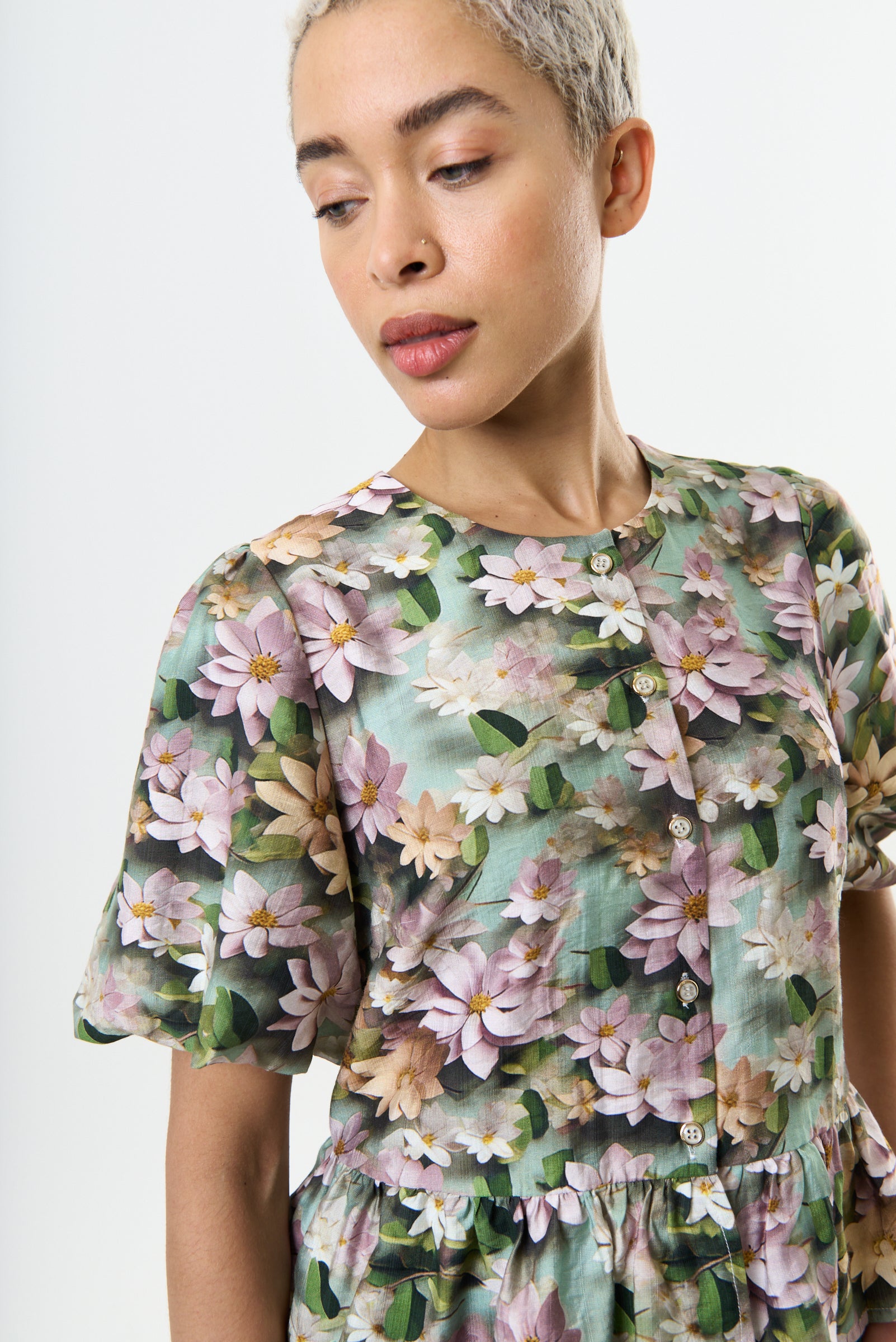 Camile 3D Daisy Print Peplum Blouse - Green