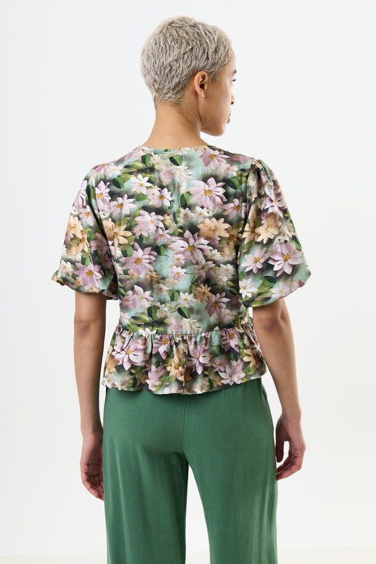 Camile 3D Daisy Print Peplum Blouse - Green