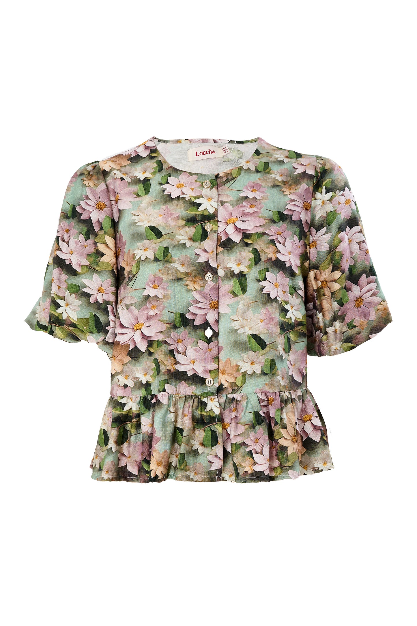 Camile 3D Daisy Print Peplum Blouse - Green