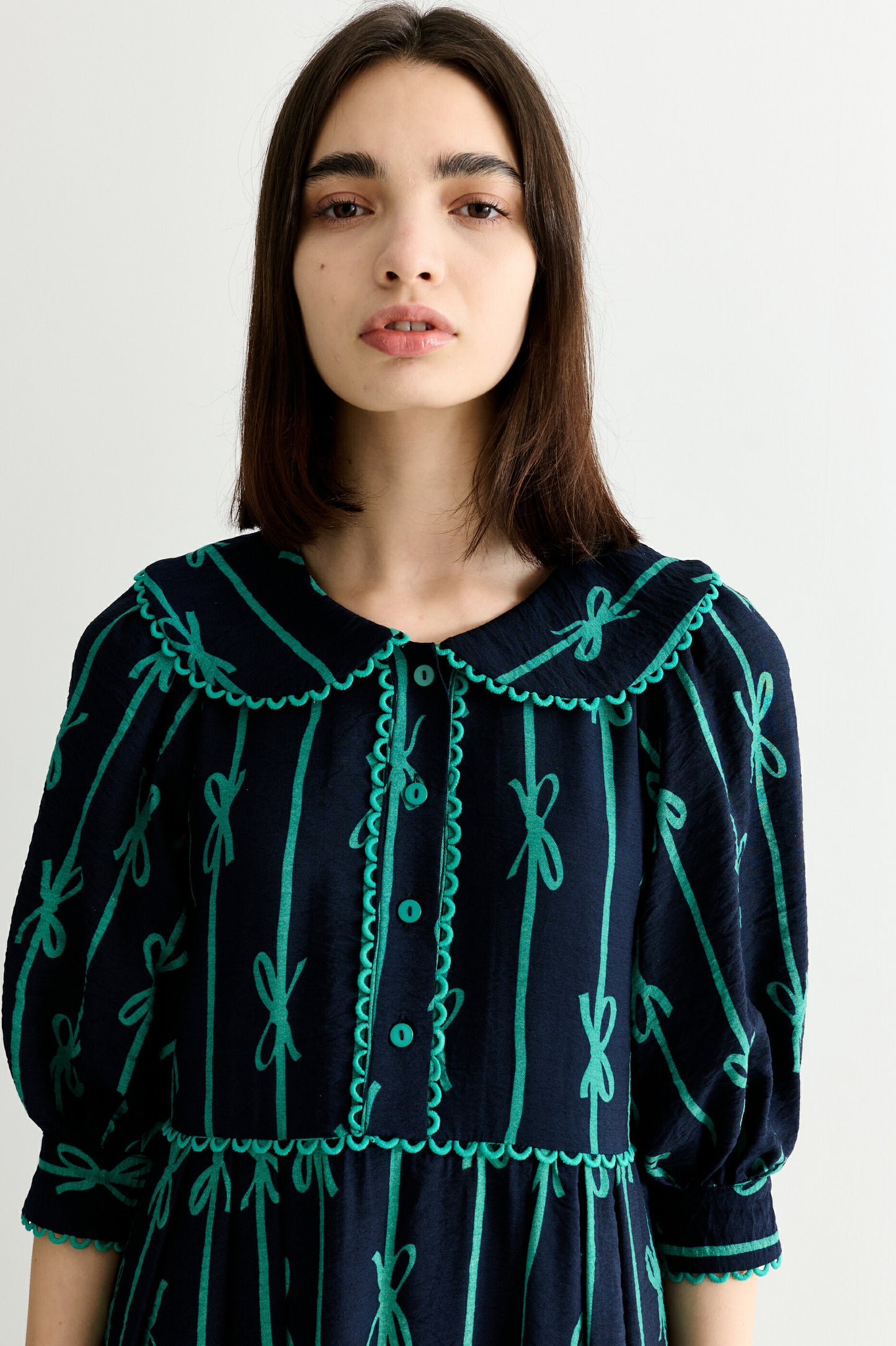 Caris Tie Up Statement Collar 3/4 Sleeve Midi Dress