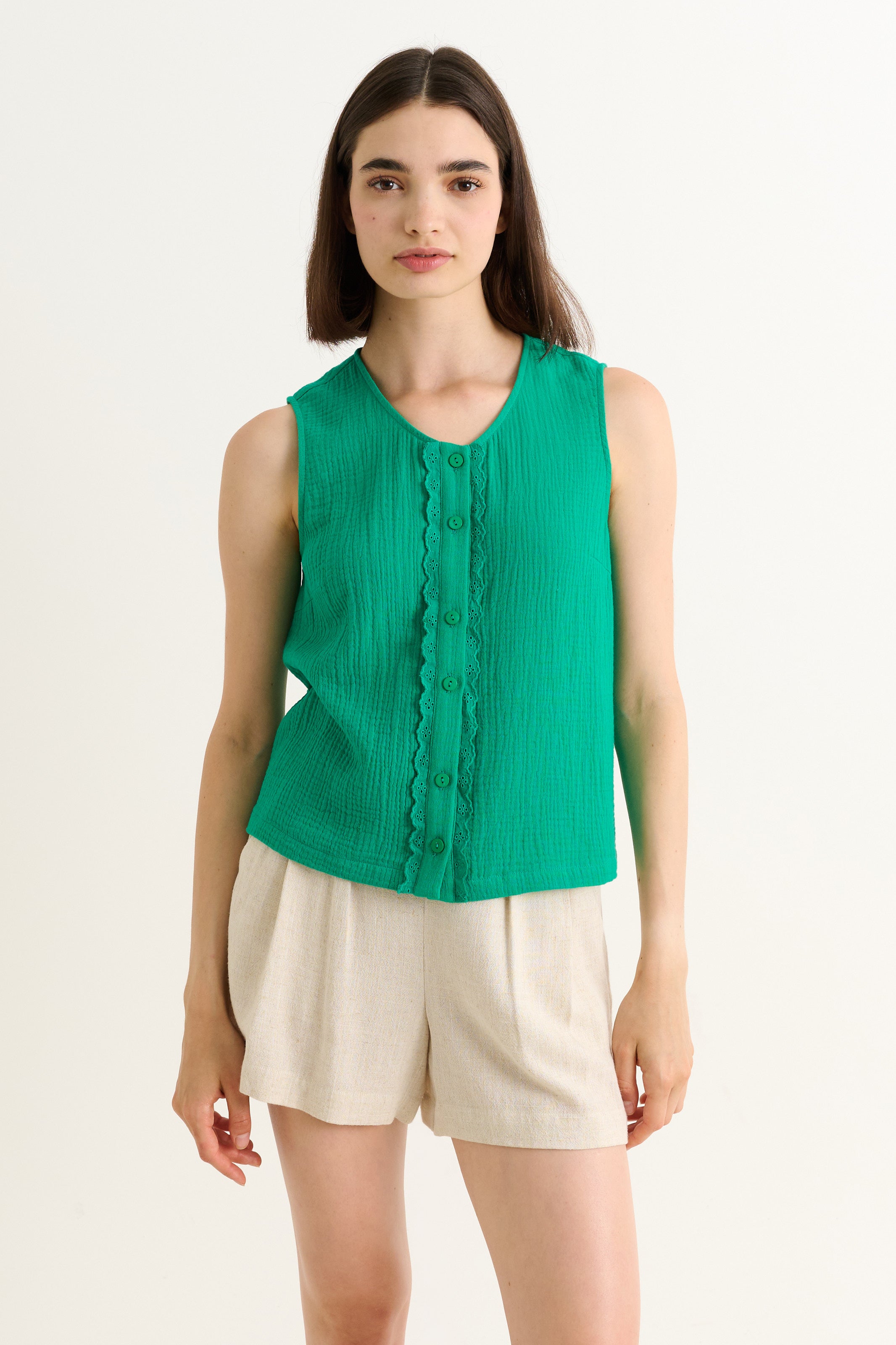 Caro Double Gauze Lace Trim Top - Green