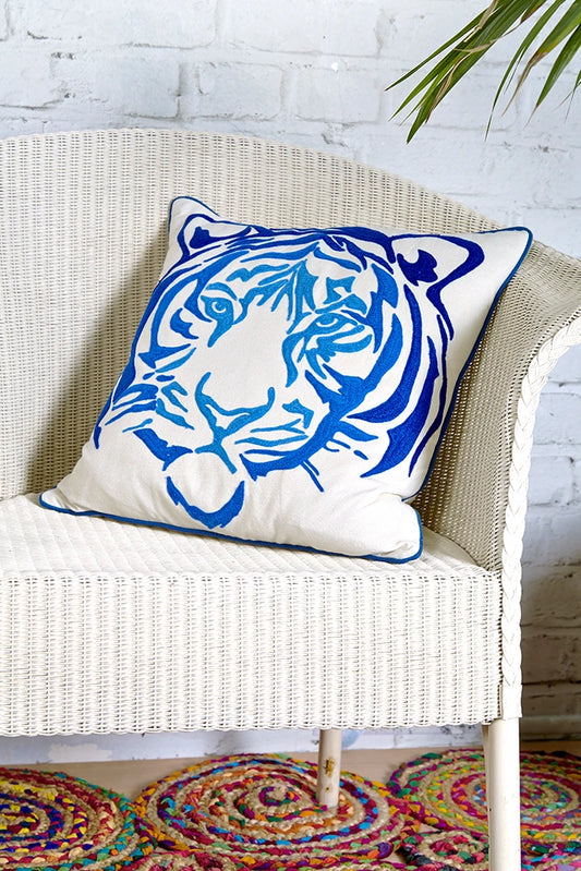 Blue Embroidered Tiger Cushion