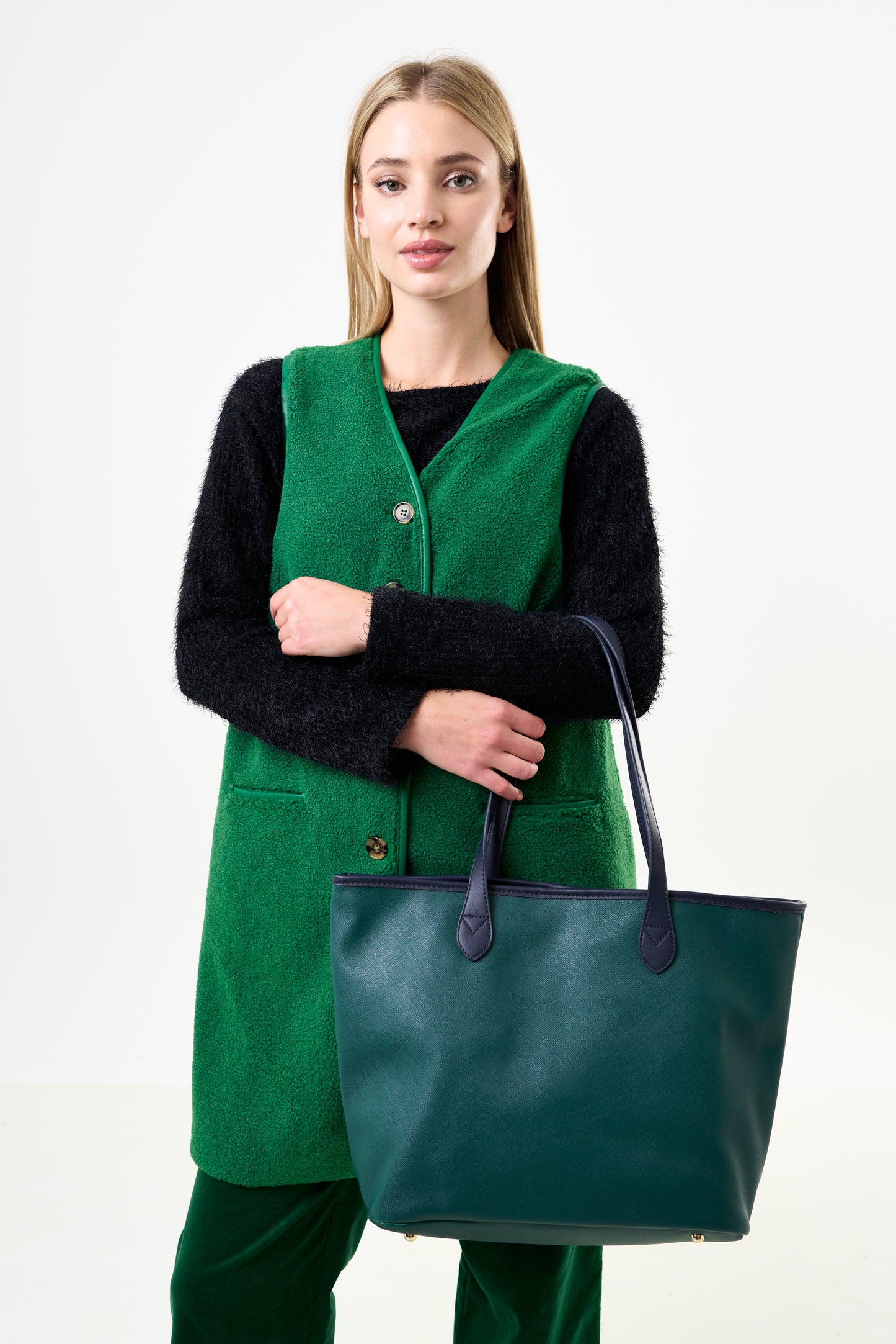 Amelia Contrast Strap Tote Bag - Green