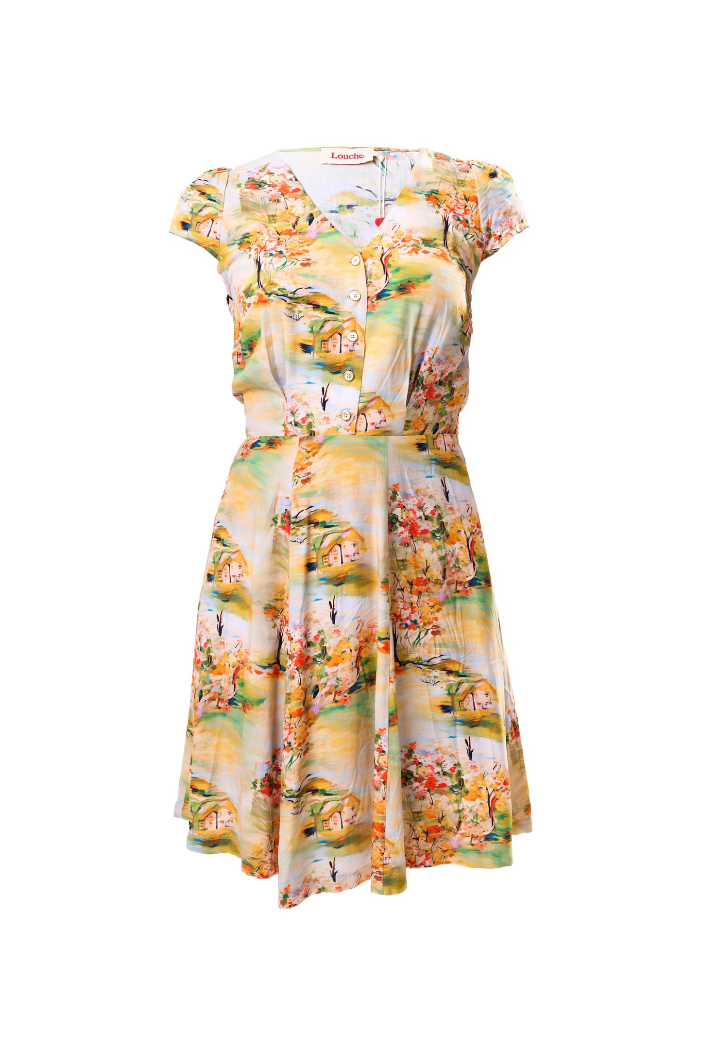 Cathleen Mini Oriental Landscape Print Tea Dress - Yellow