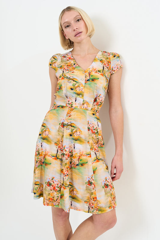 Cathleen Mini Oriental Landscape Print Tea Dress - Yellow