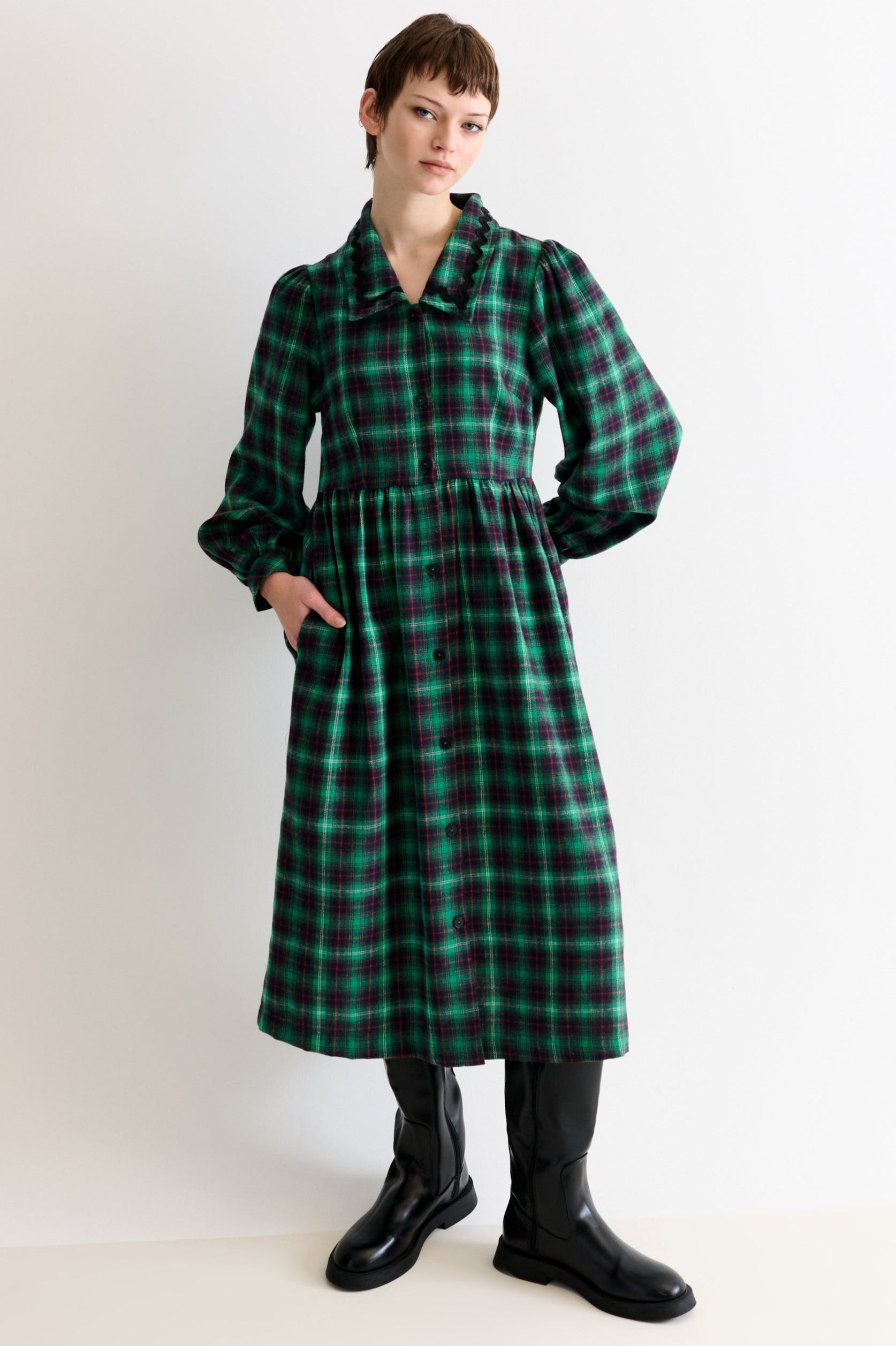 Catlin Winter Check Button Through Midi Dress – Green