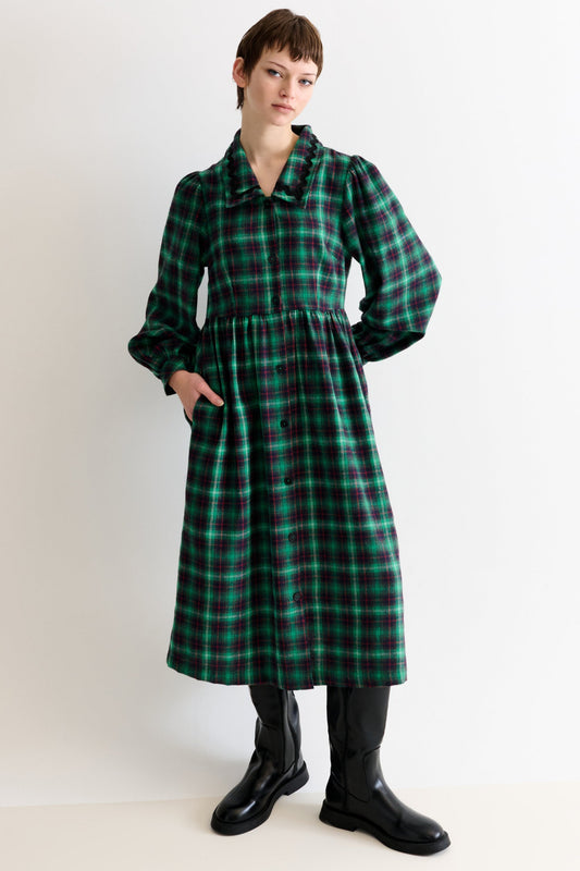 Catlin Winter Check Button Through Midi Dress – Green