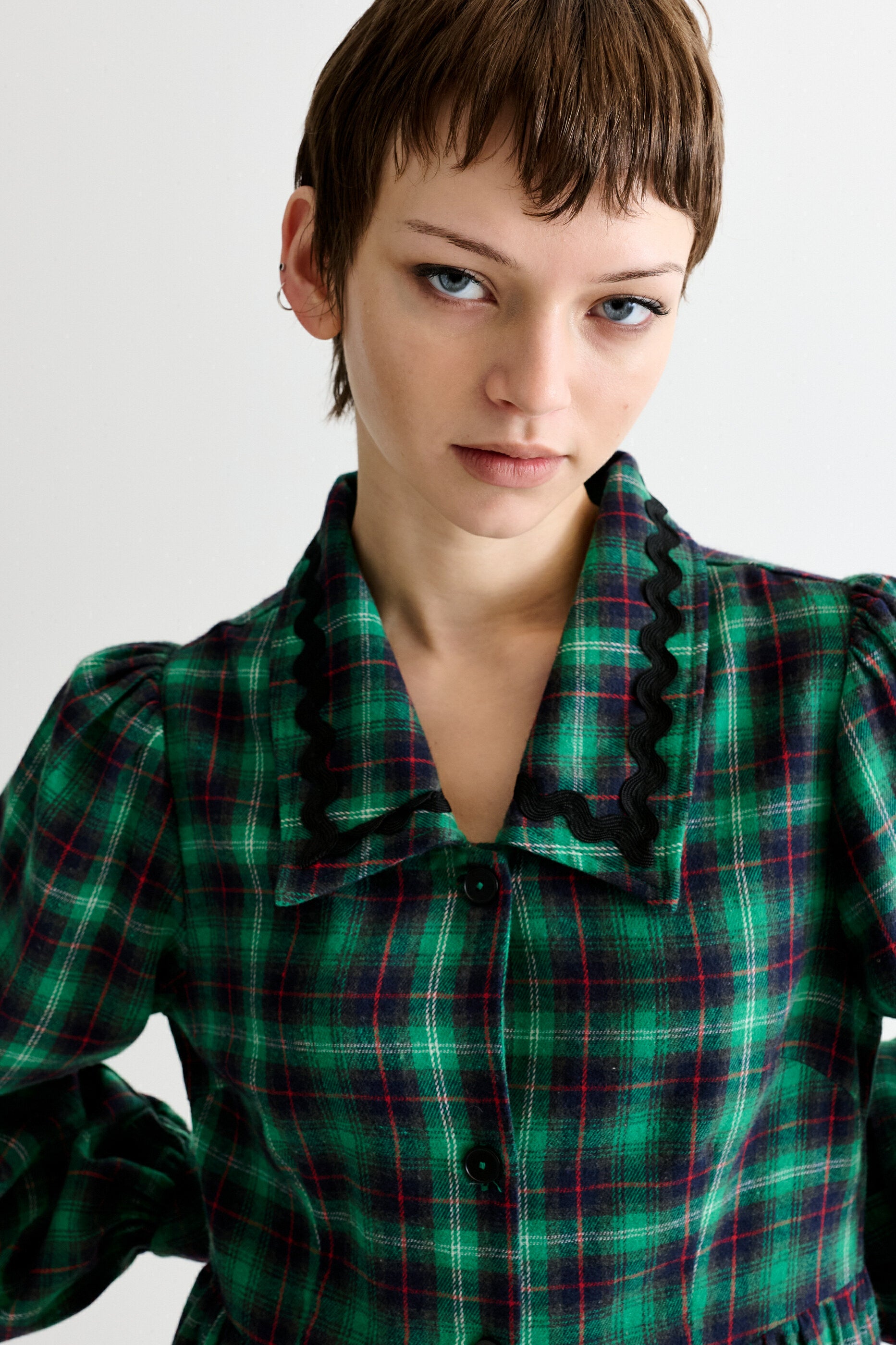 Catlin Winter Check Button Through Midi Dress – Green - Detail 1