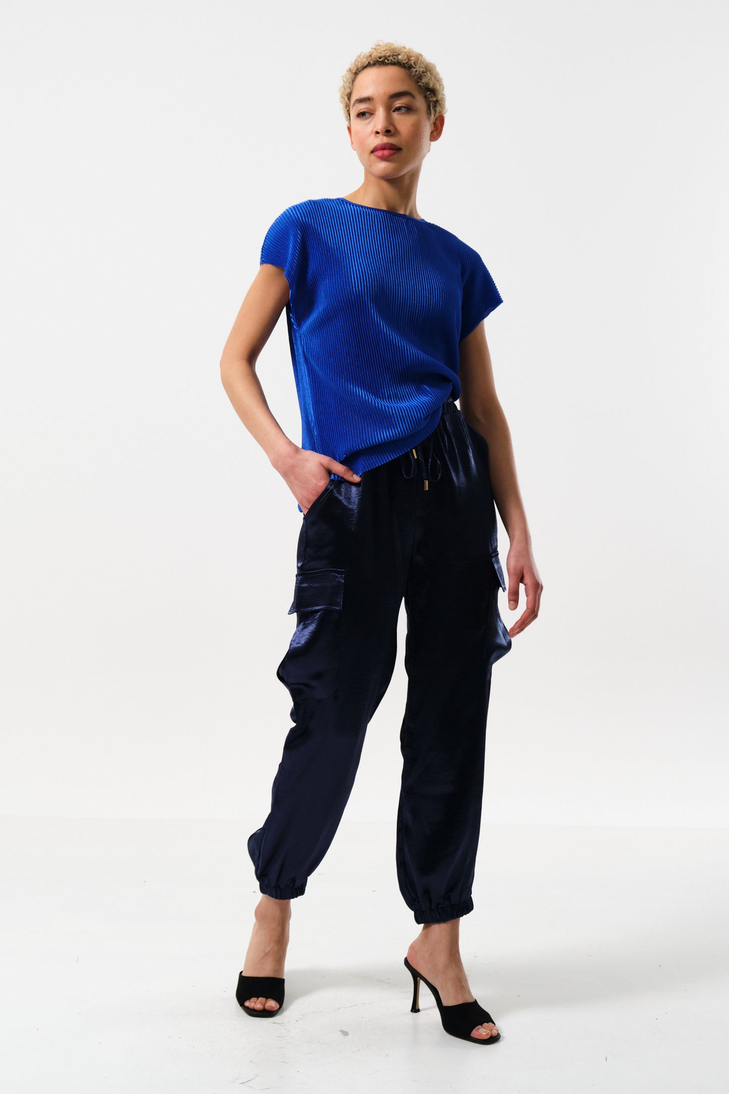 Chava Satin Cargo Pant in Navy