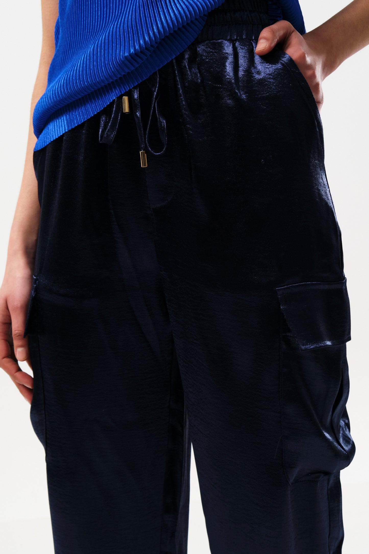 Chava Satin Cargo Pant in Navy