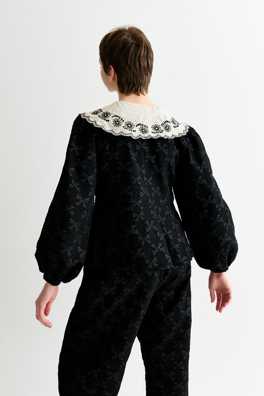 Clementine Bow Jacquard Lace Collar Long Sleeve Blouse – Black