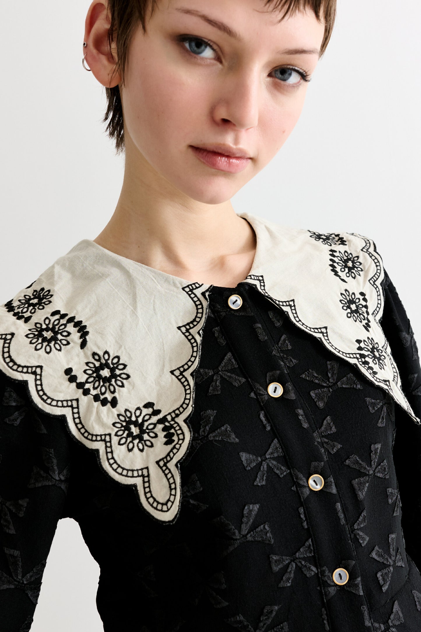 Clementine Bow Jacquard Lace Collar Long Sleeve Blouse – Black