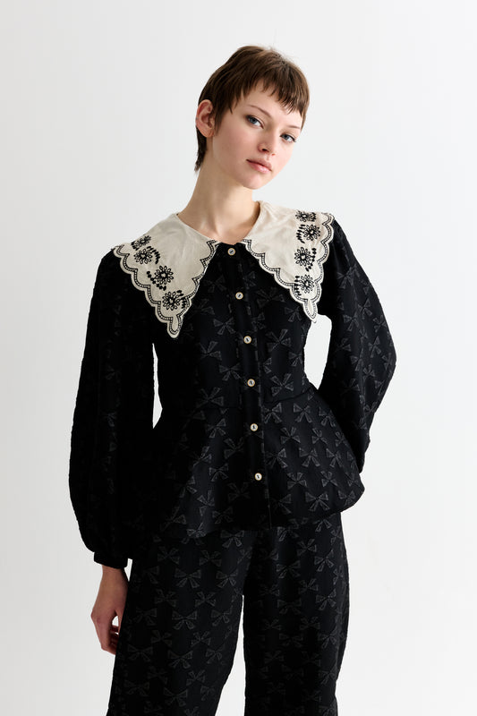 Clementine Bow Jacquard Lace Collar Long Sleeve Blouse – Black