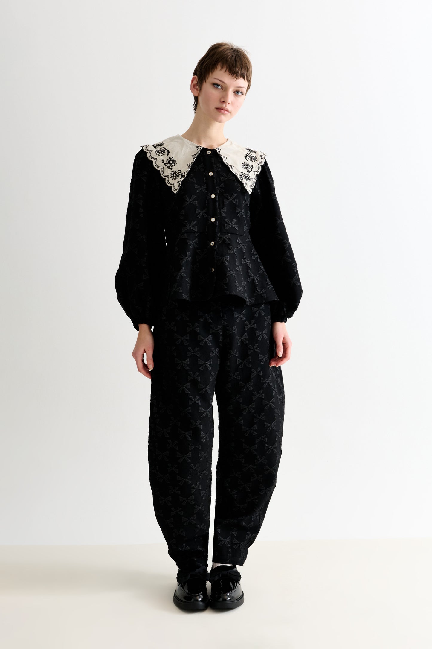 Clementine Bow Jacquard Lace Collar Long Sleeve Blouse – Black