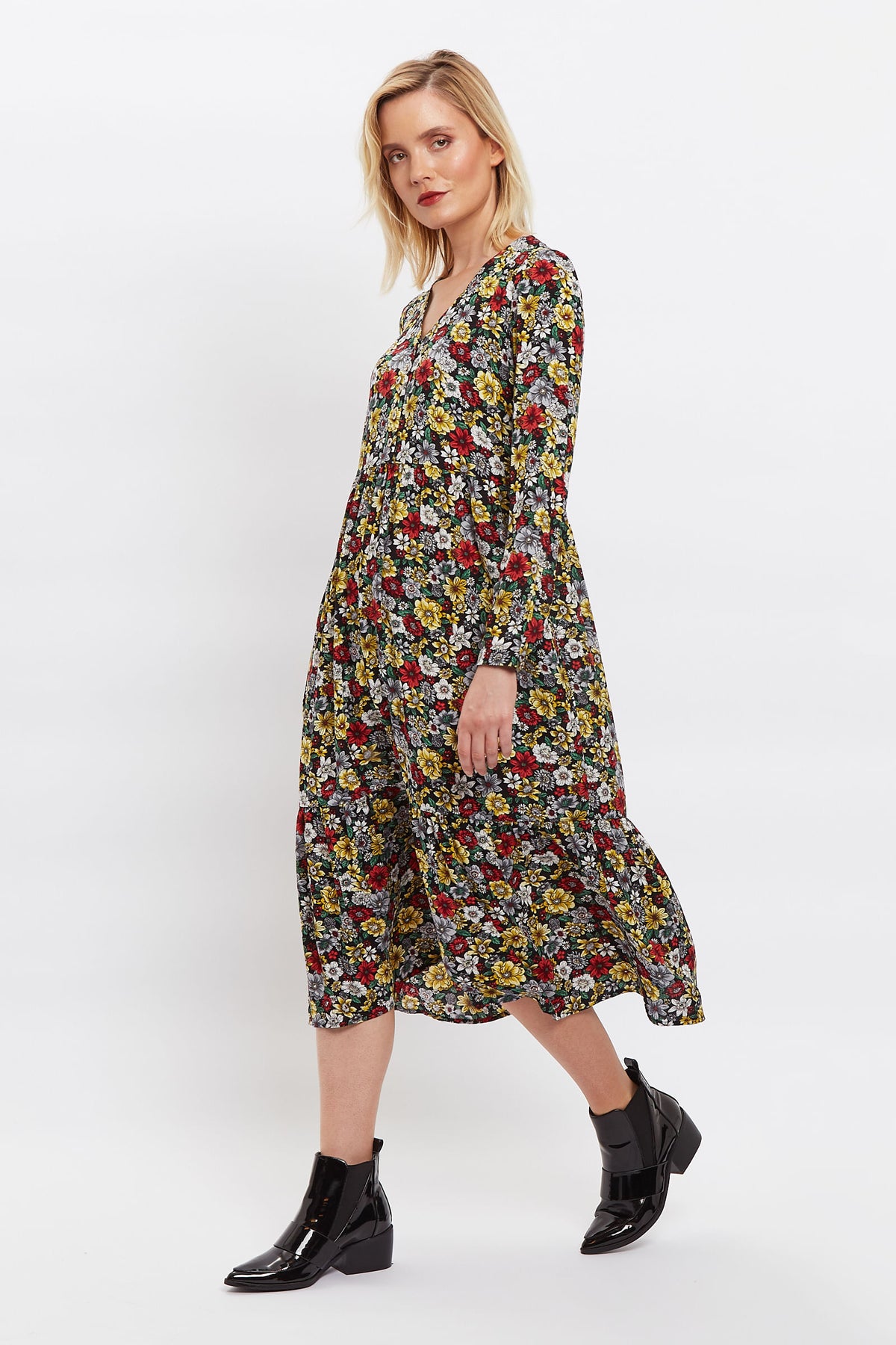 Louche Clio Woodland Walk Print V Neck Long Sleeve Tie Midi Dress