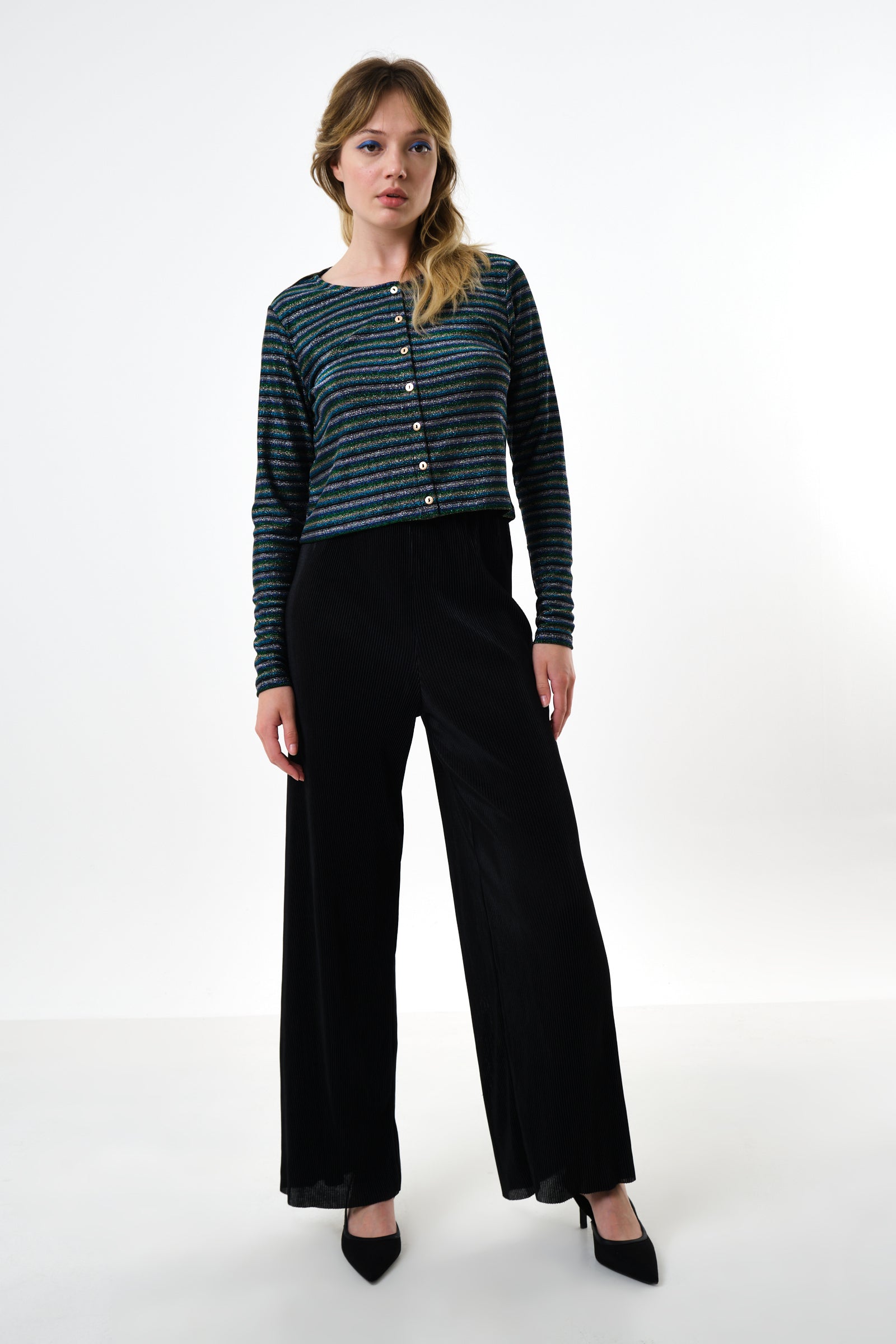 Clothide Pleated Wide Leg Trousers - Black - Front