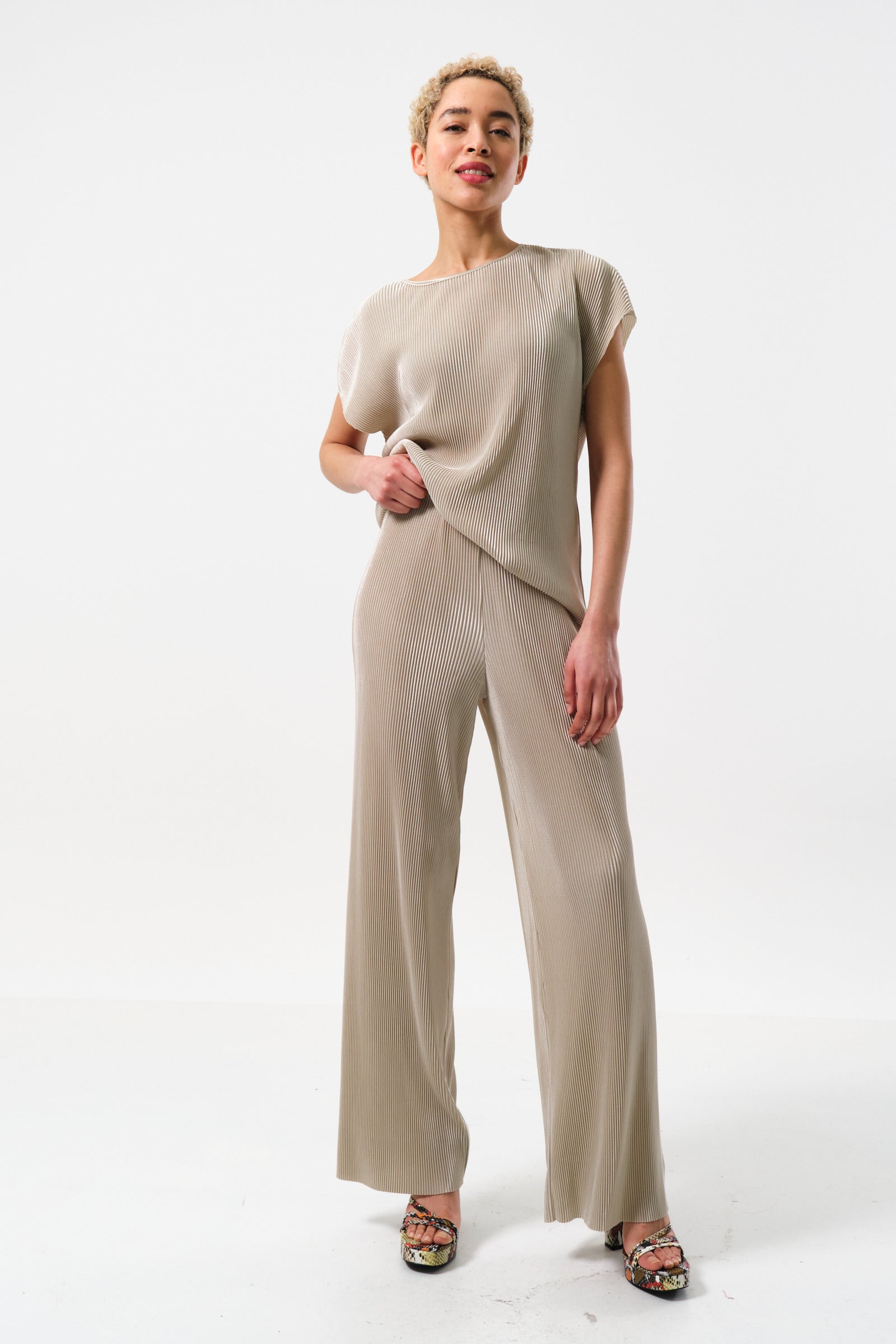 Clothide Pleated Wide Leg Trousers - Stone - Detail 1