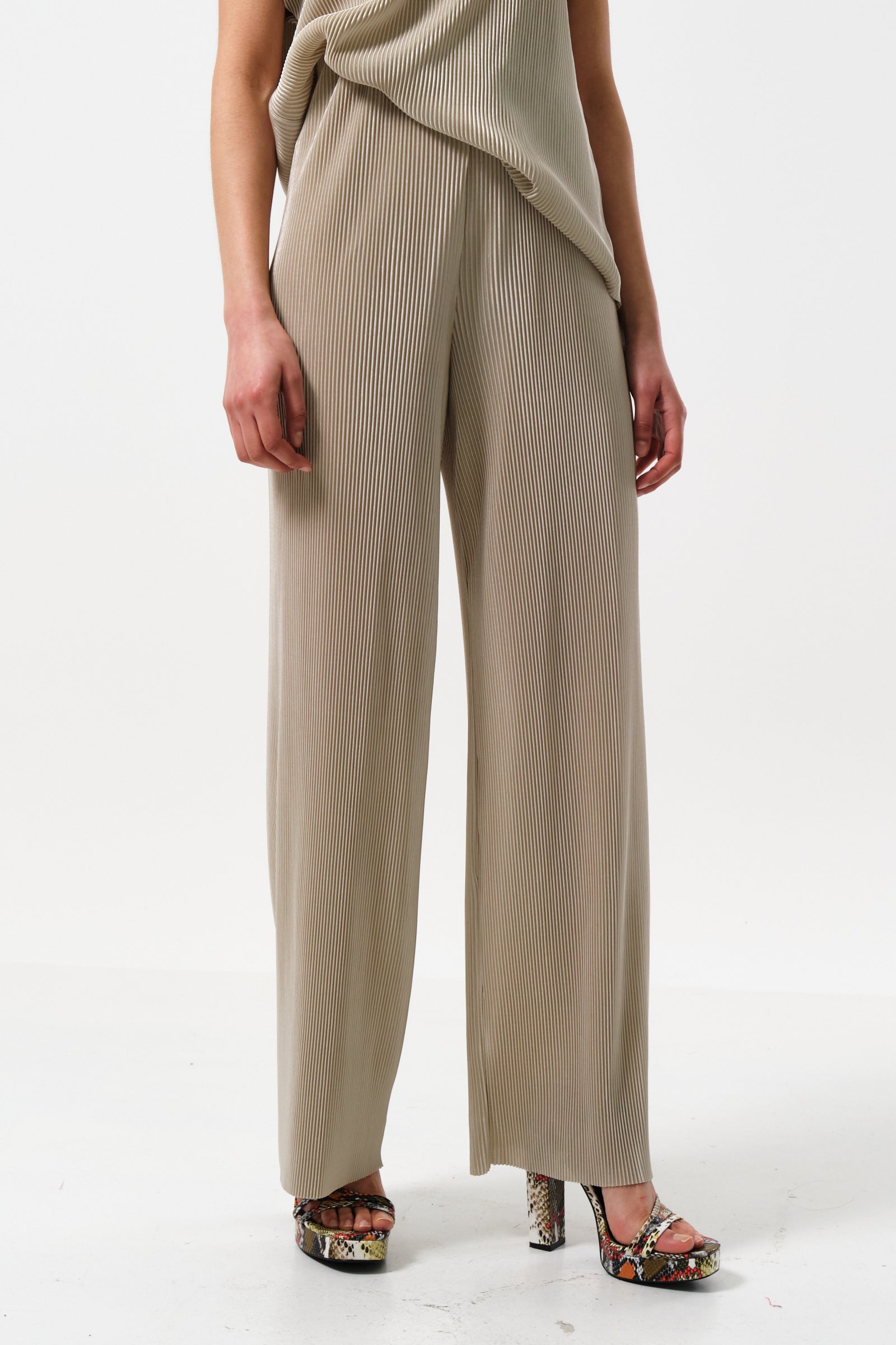 Clothide Pleated Wide Leg Trousers - Stone - Detail 2