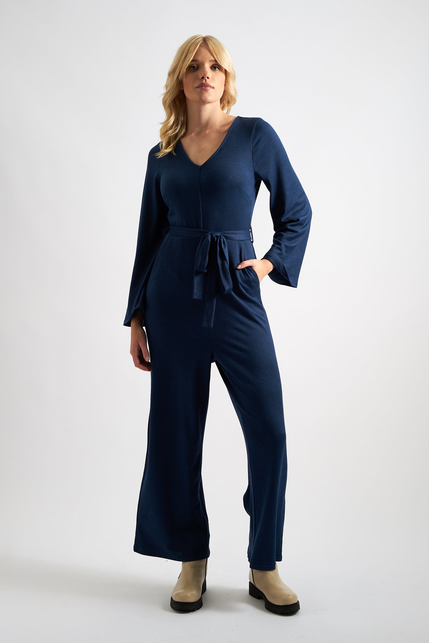 Coraline Brushed Marl Navy V-Neck Jumpsuit