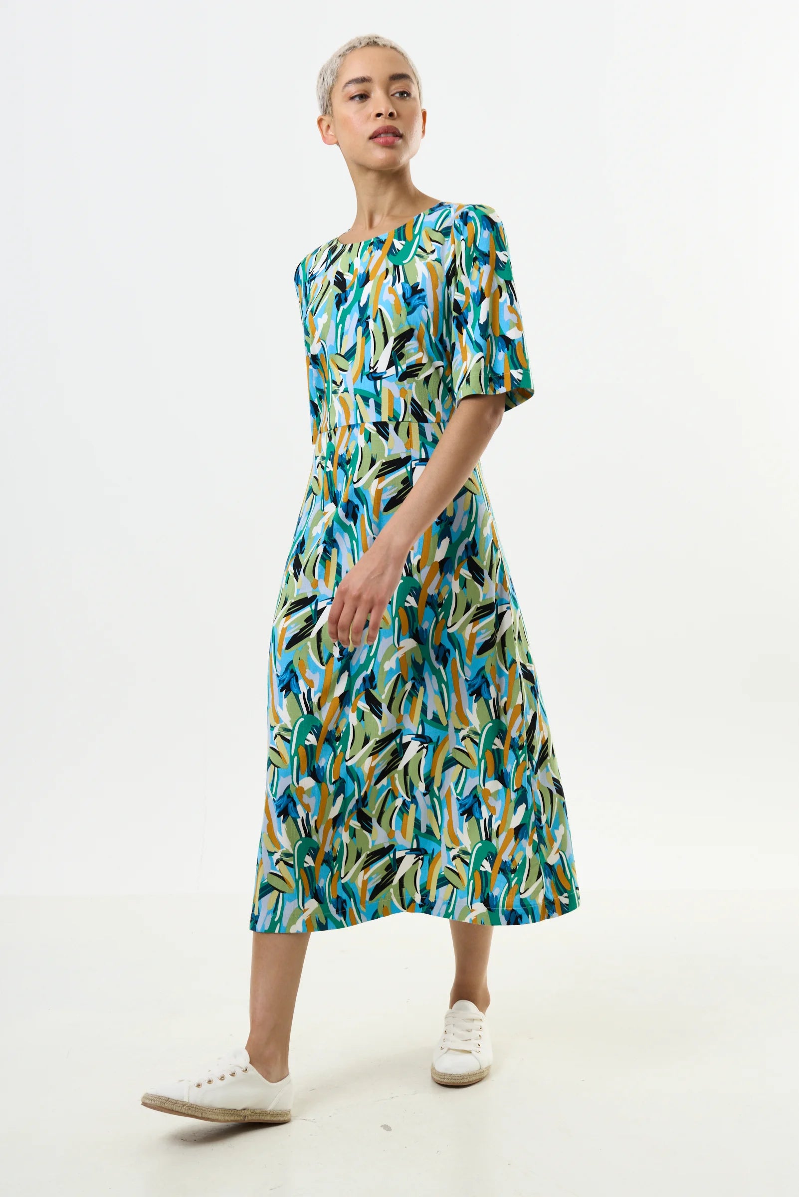 Corrine Brushstroke Print Short Sleeve Midi Dress - Green
