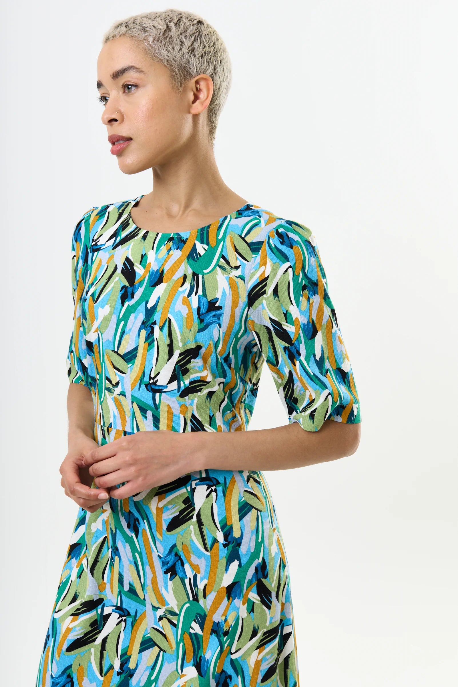 Corrine Brushstroke Print Short Sleeve Midi Dress - Green