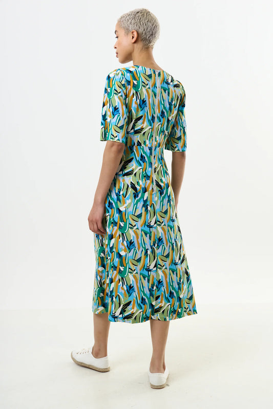 Corrine Brushstroke Print Short Sleeve Midi Dress - Green