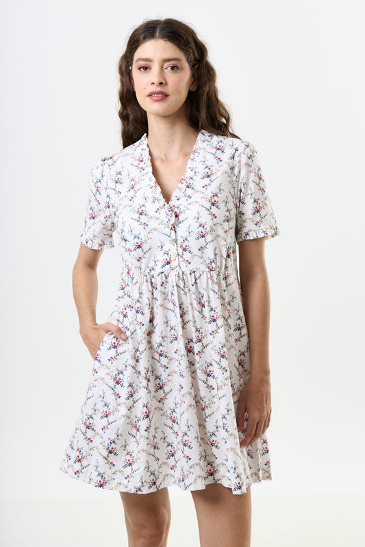 Cosima Regency Print Frill V-Neck Mini Dress