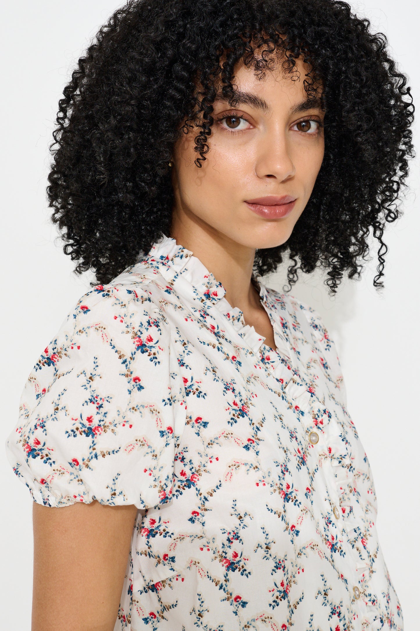 Cressida Regency Print Frill Trim V-Neck Blouse