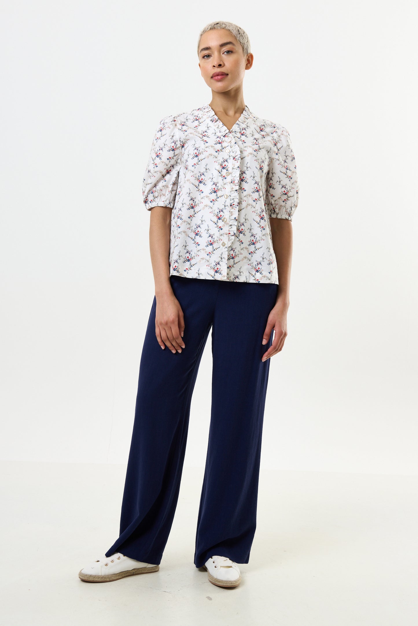 Cressida Regency Print Frill Trim V-Neck Blouse