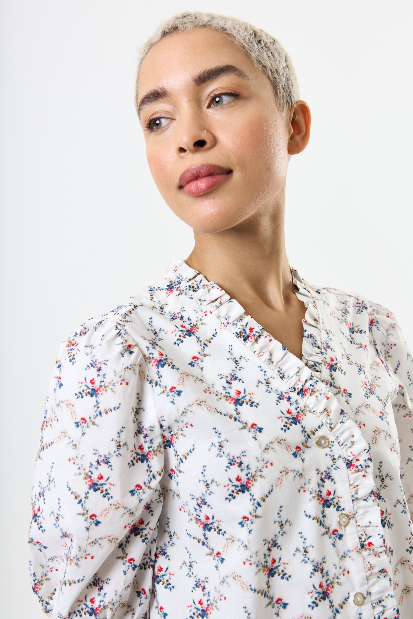 Cressida Regency Print Frill Trim V-Neck Blouse