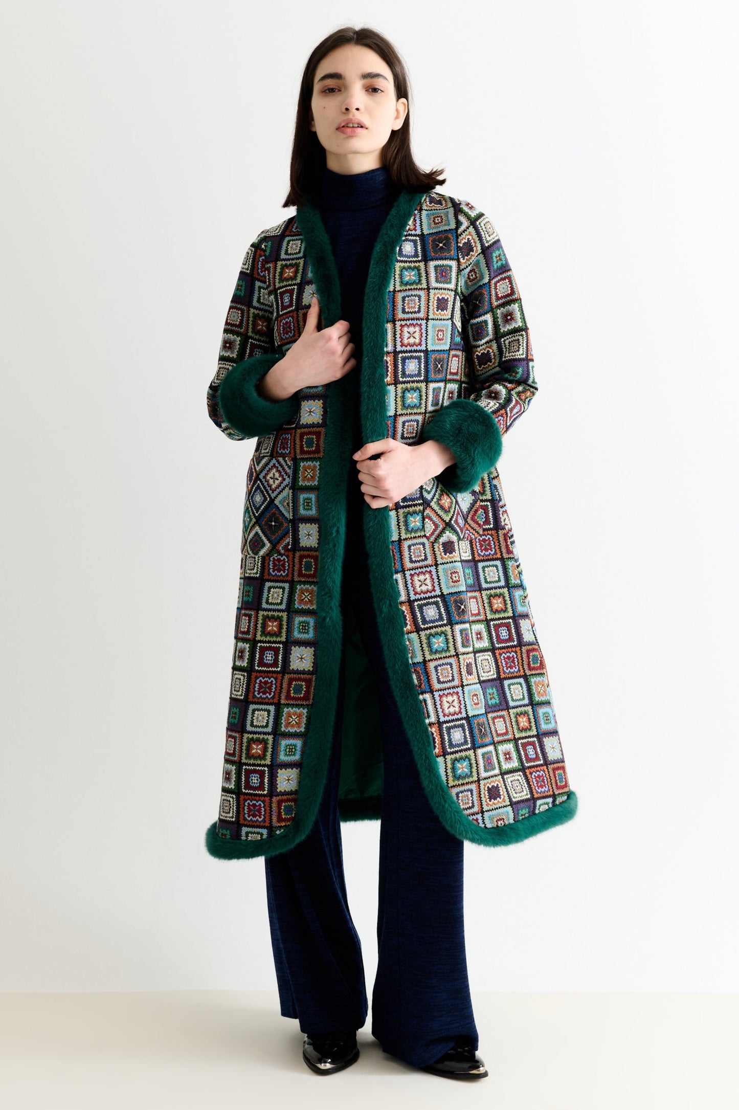 Delphia 70'S Patch Jacquard Fur Trim Coat