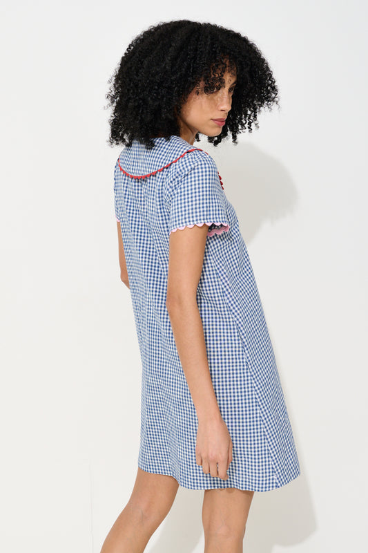 Dot Gingham Ric Rac Trim Statement Collar Mini Dress - Blue