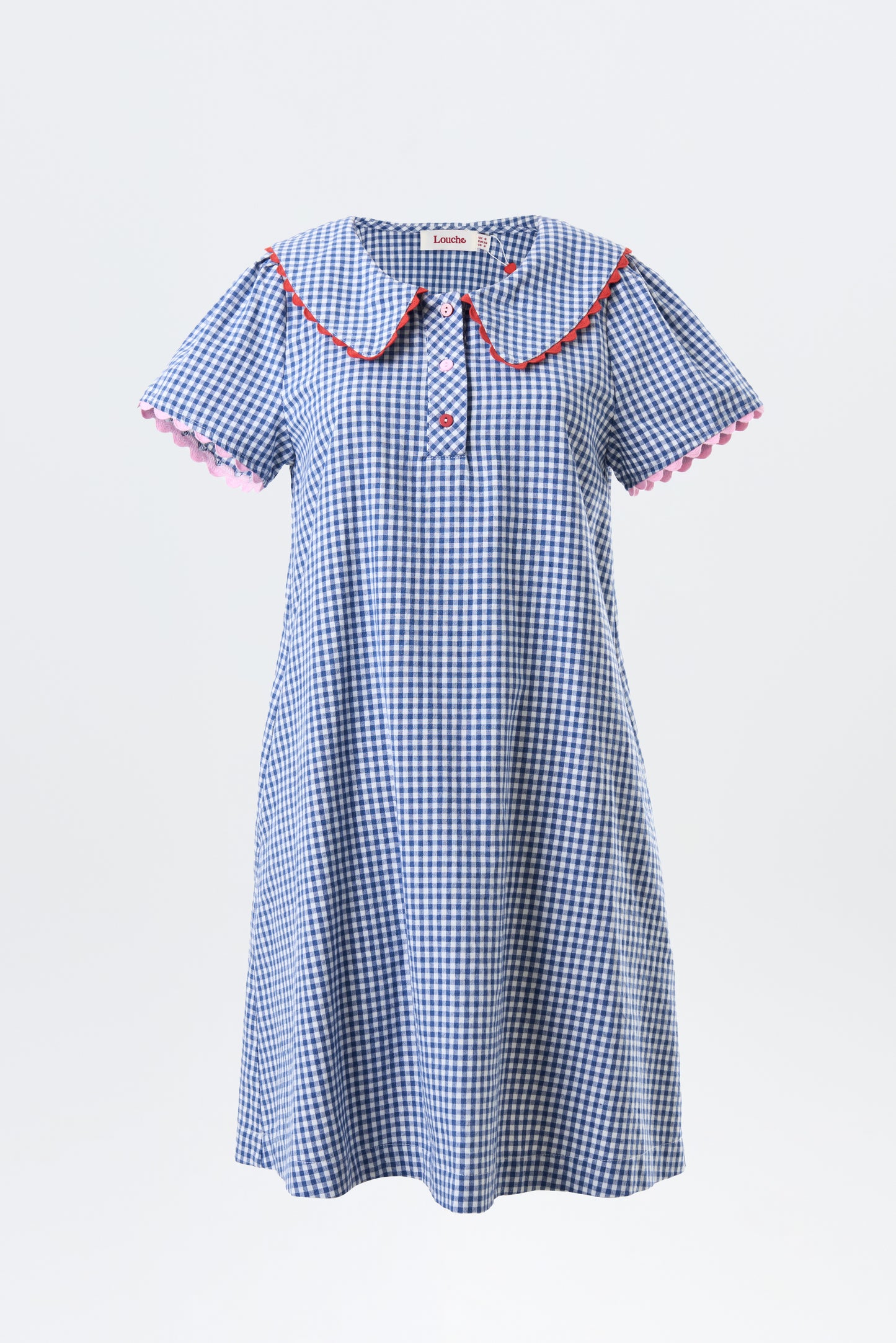 Dot Gingham Ric Rac Trim Statement Collar Mini Dress - Blue
