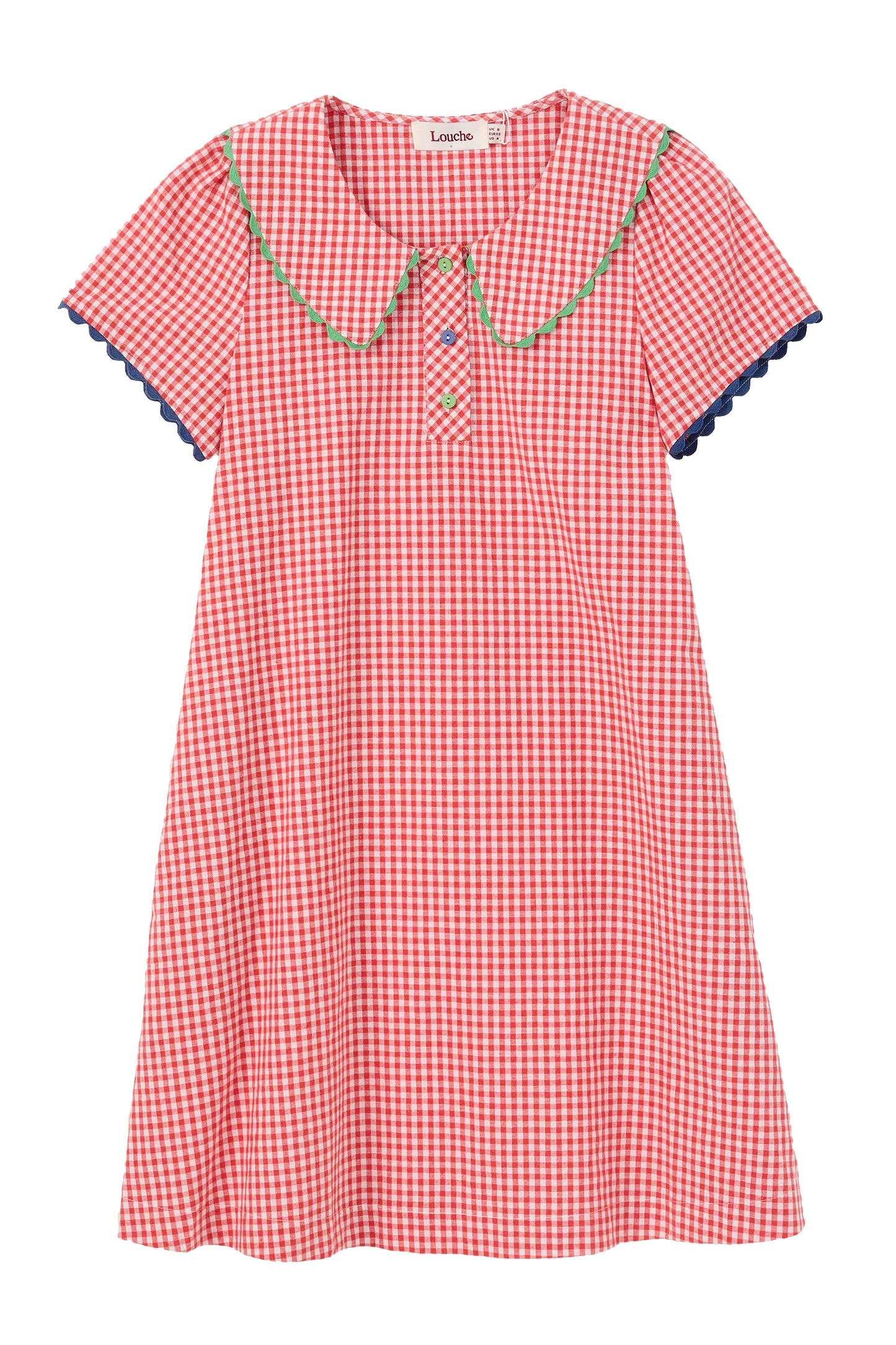 Dot Gingham Ric Rac Trim Statement Collar Mini Dress - Red
