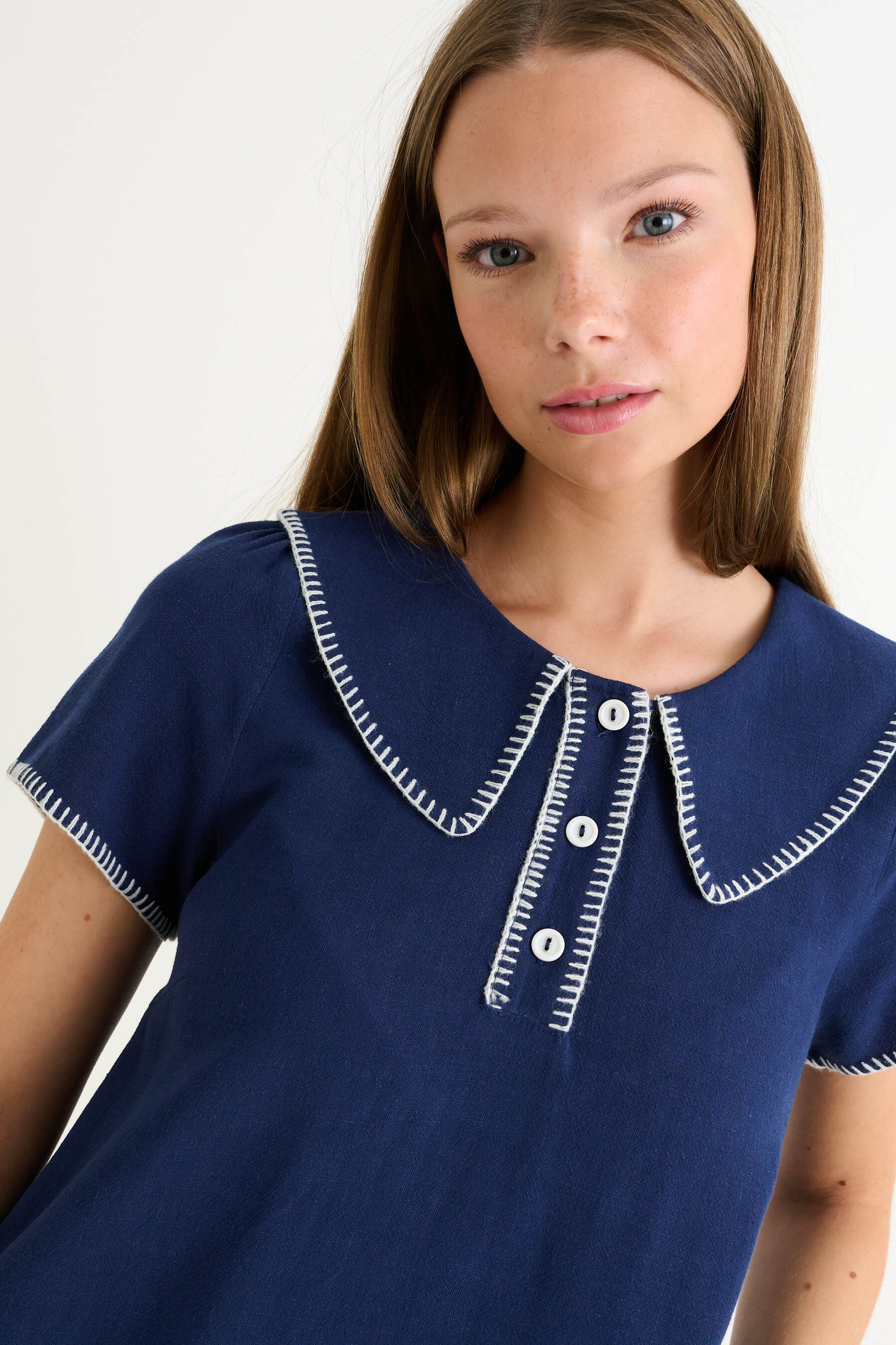 Dot Blanket Stitch A-Line Mini Dress - Navy