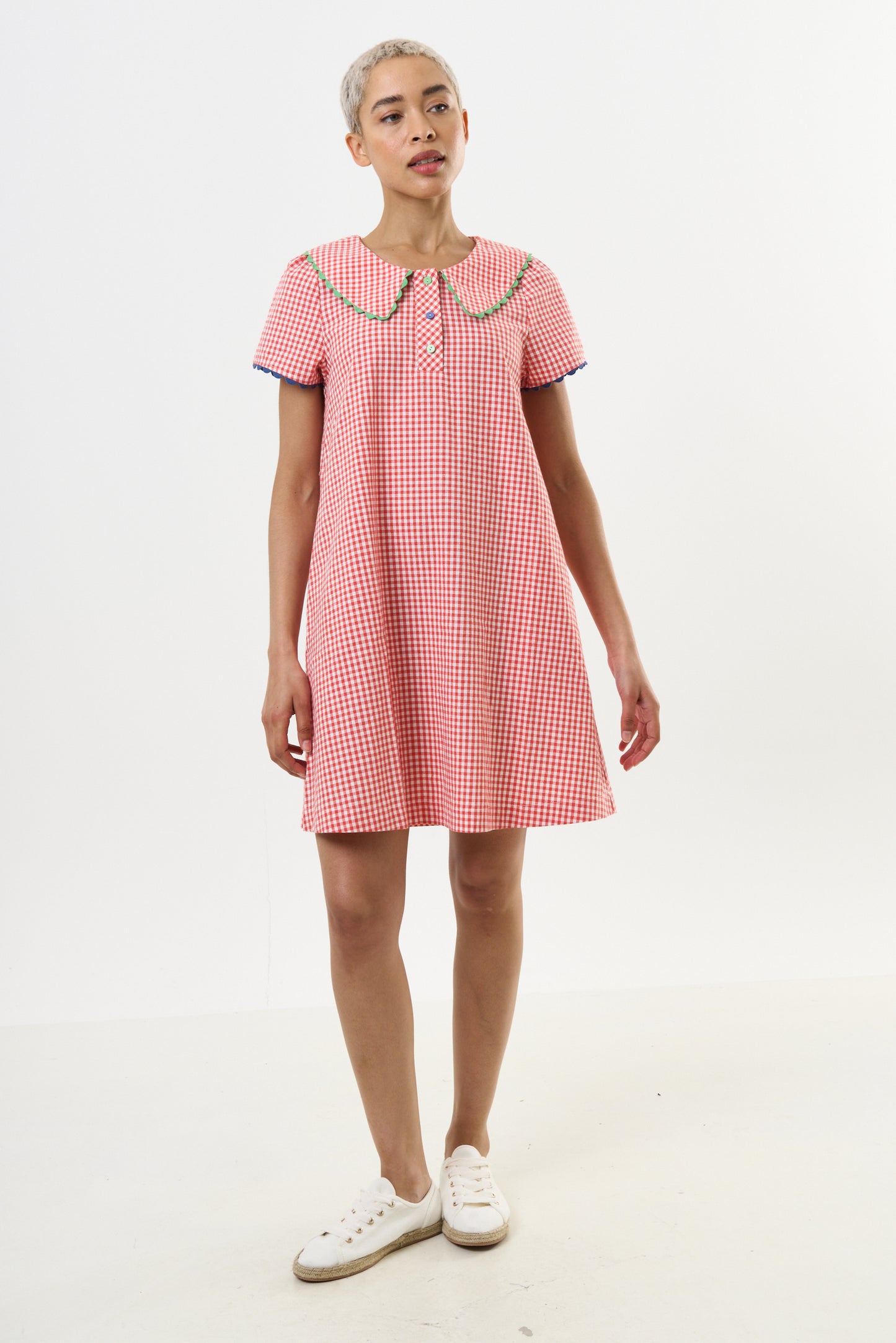 Dot Gingham Ric Rac Trim Statement Collar Mini Dress - Red