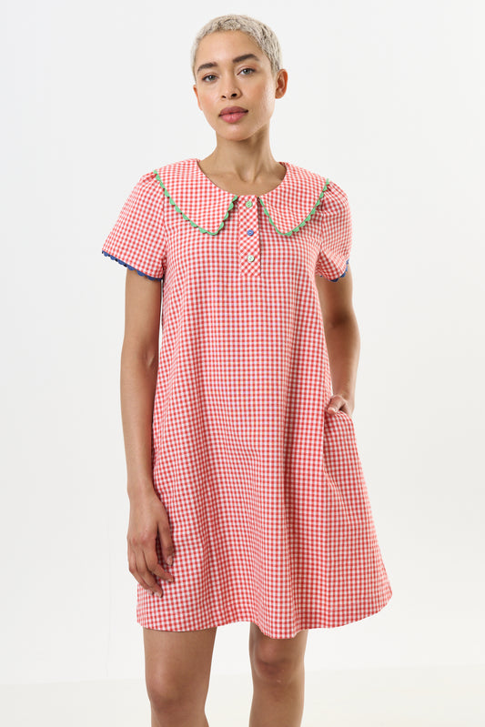 Dot Gingham Ric Rac Trim Statement Collar Mini Dress - Red