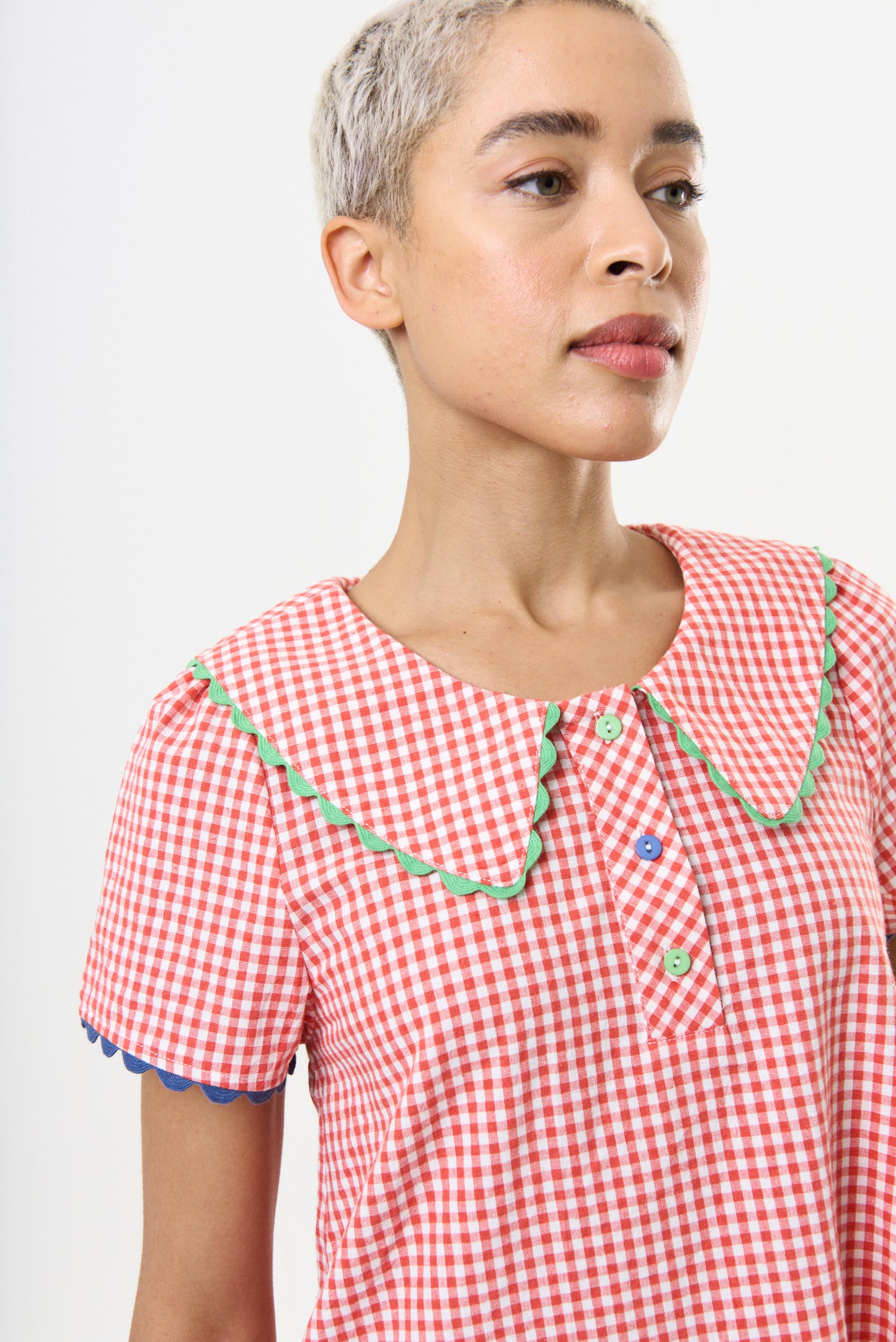 Dot Gingham Ric Rac Trim Statement Collar Mini Dress - Red