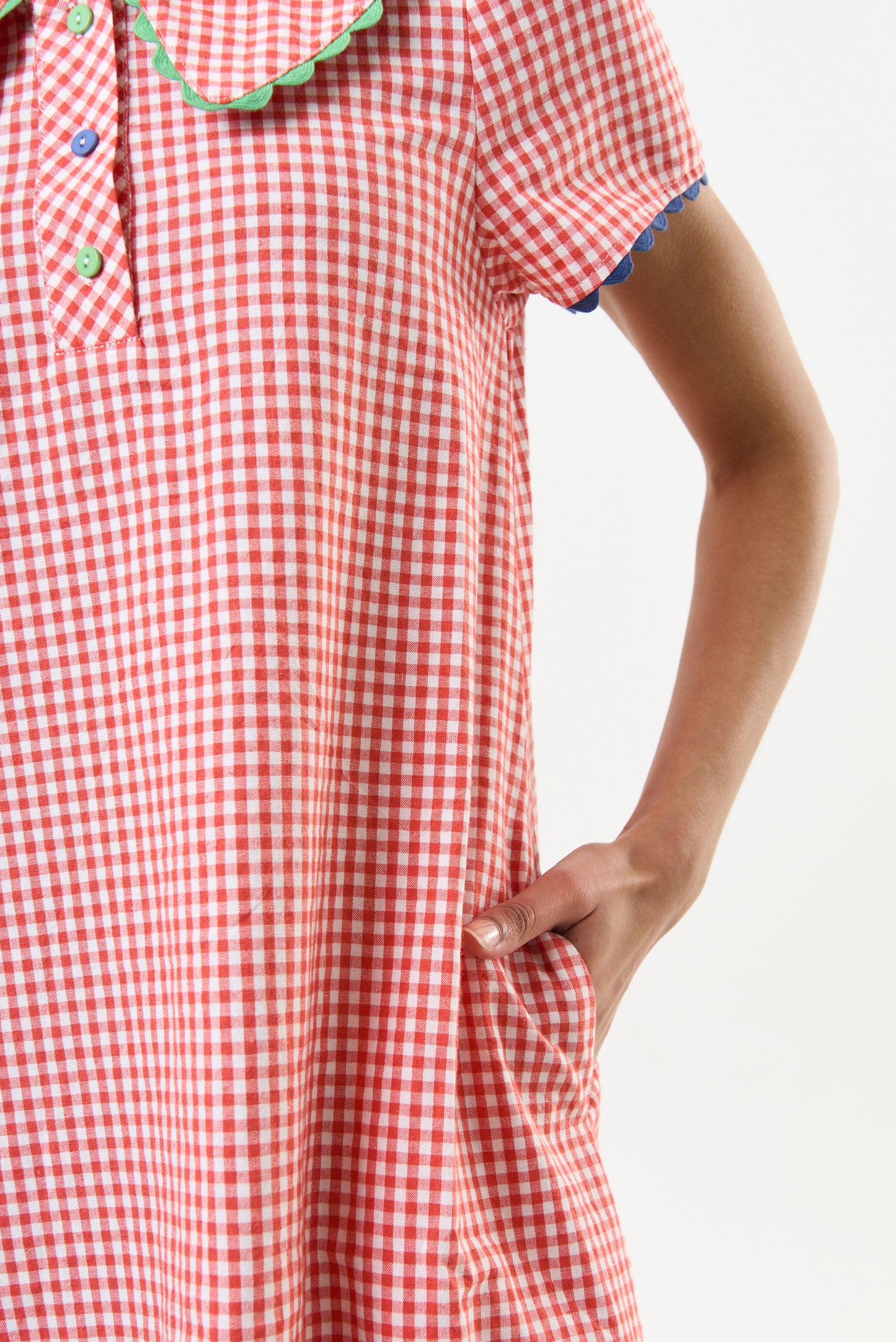 Dot Gingham Ric Rac Trim Statement Collar Mini Dress - Red