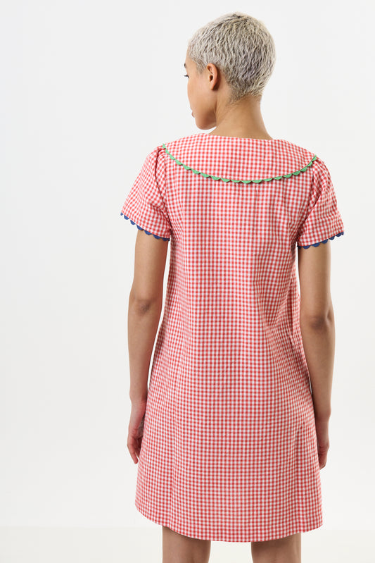 Dot Gingham Ric Rac Trim Statement Collar Mini Dress - Red