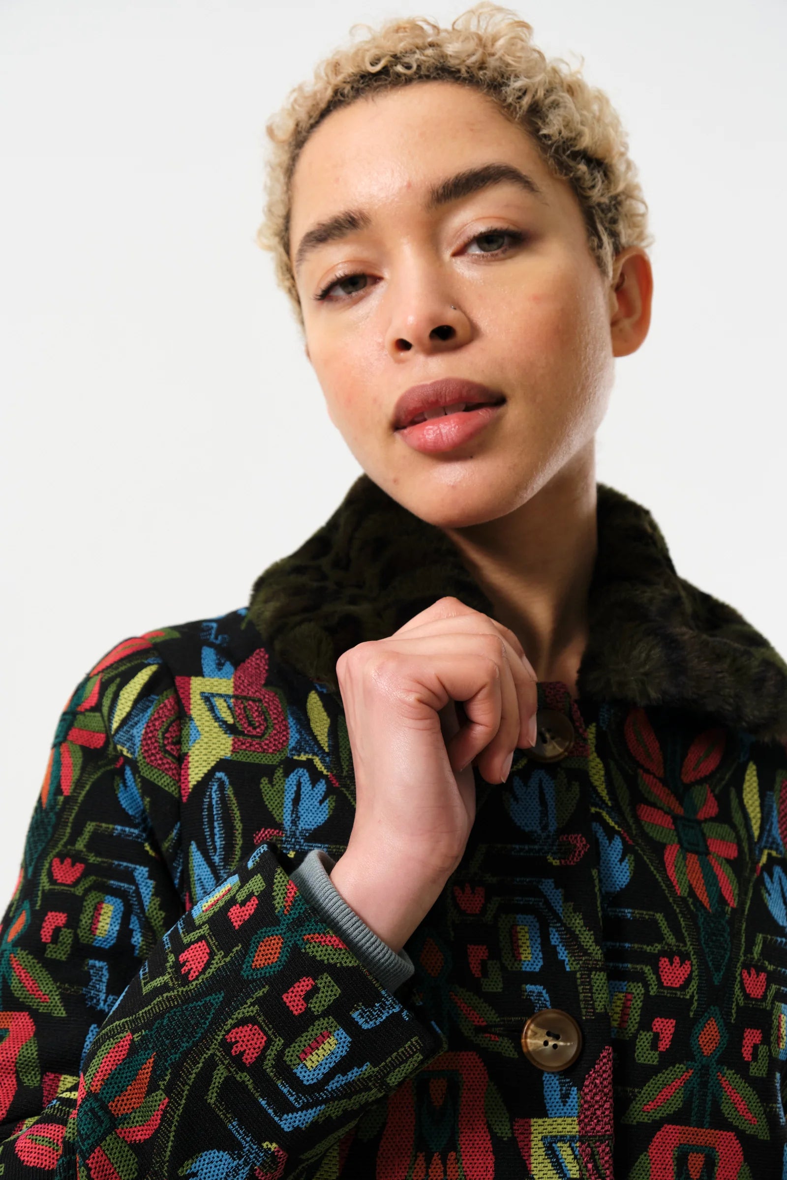 Dryden Folk Jacquard Faux Fur Collared Coat - Detail 1