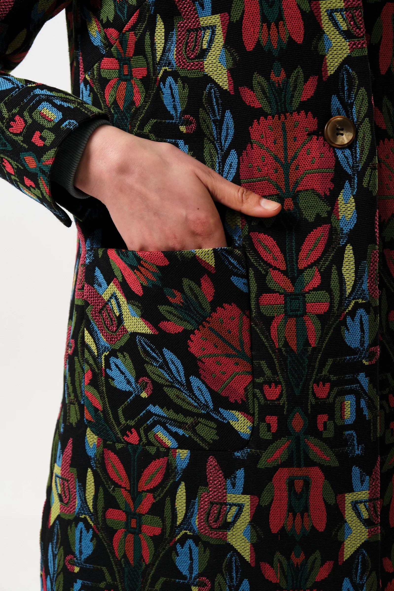 Dryden Folk Jacquard Faux Fur Collared Coat - Detail 2