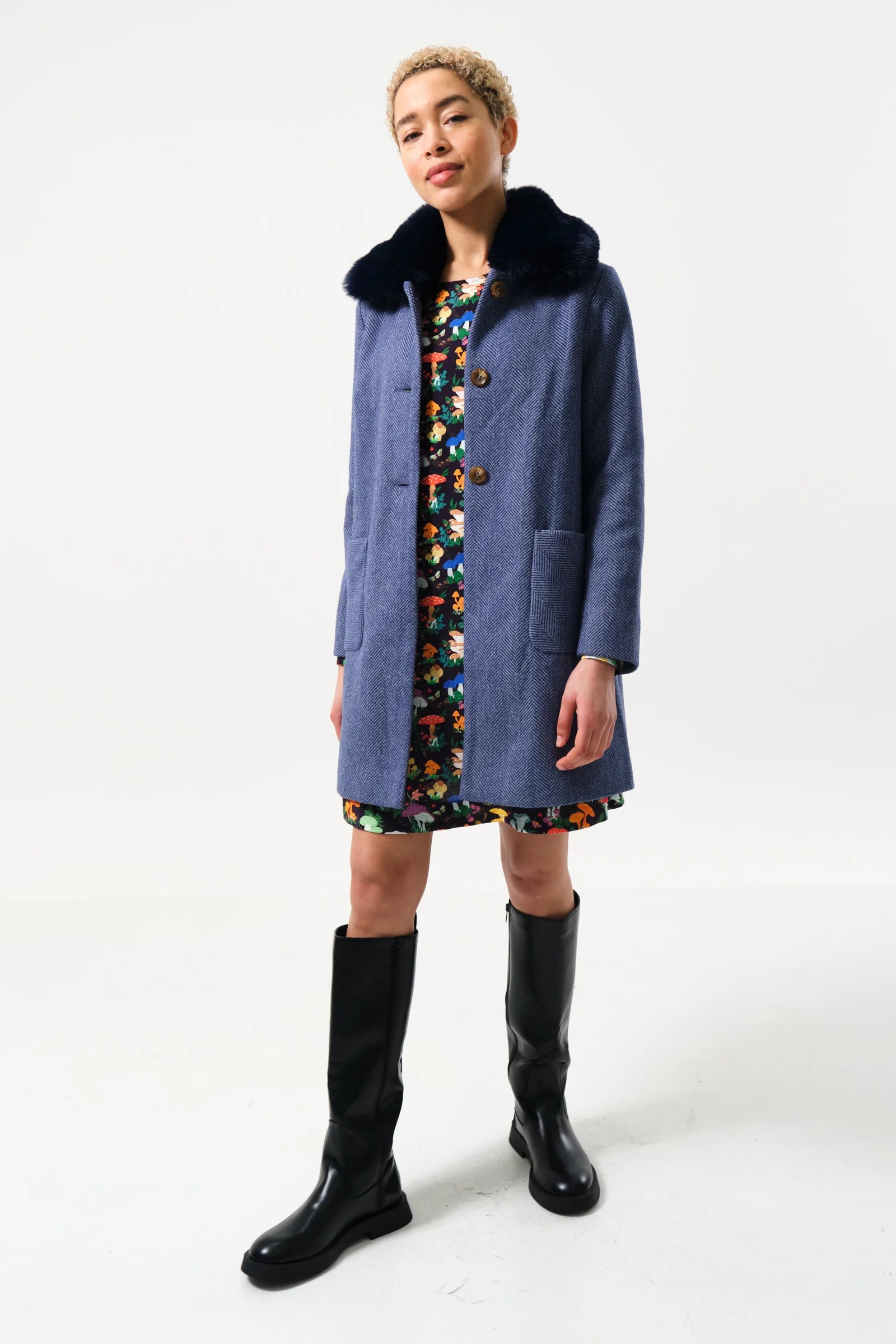 Dryden Herringbone Fur Collared Coat - Blue - Detail 3