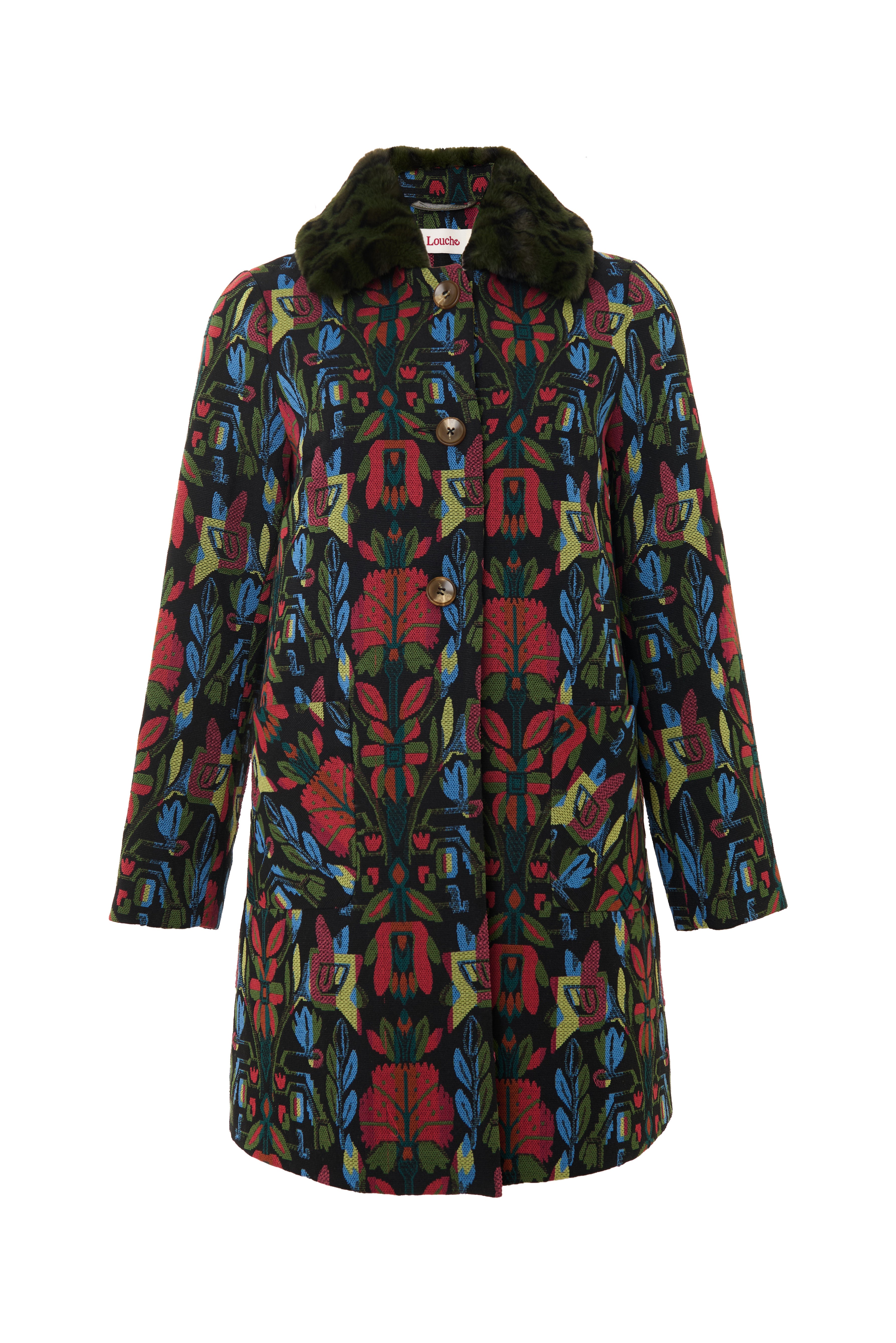 Dryden Folk Jacquard Faux Fur Collared Coat - Styled